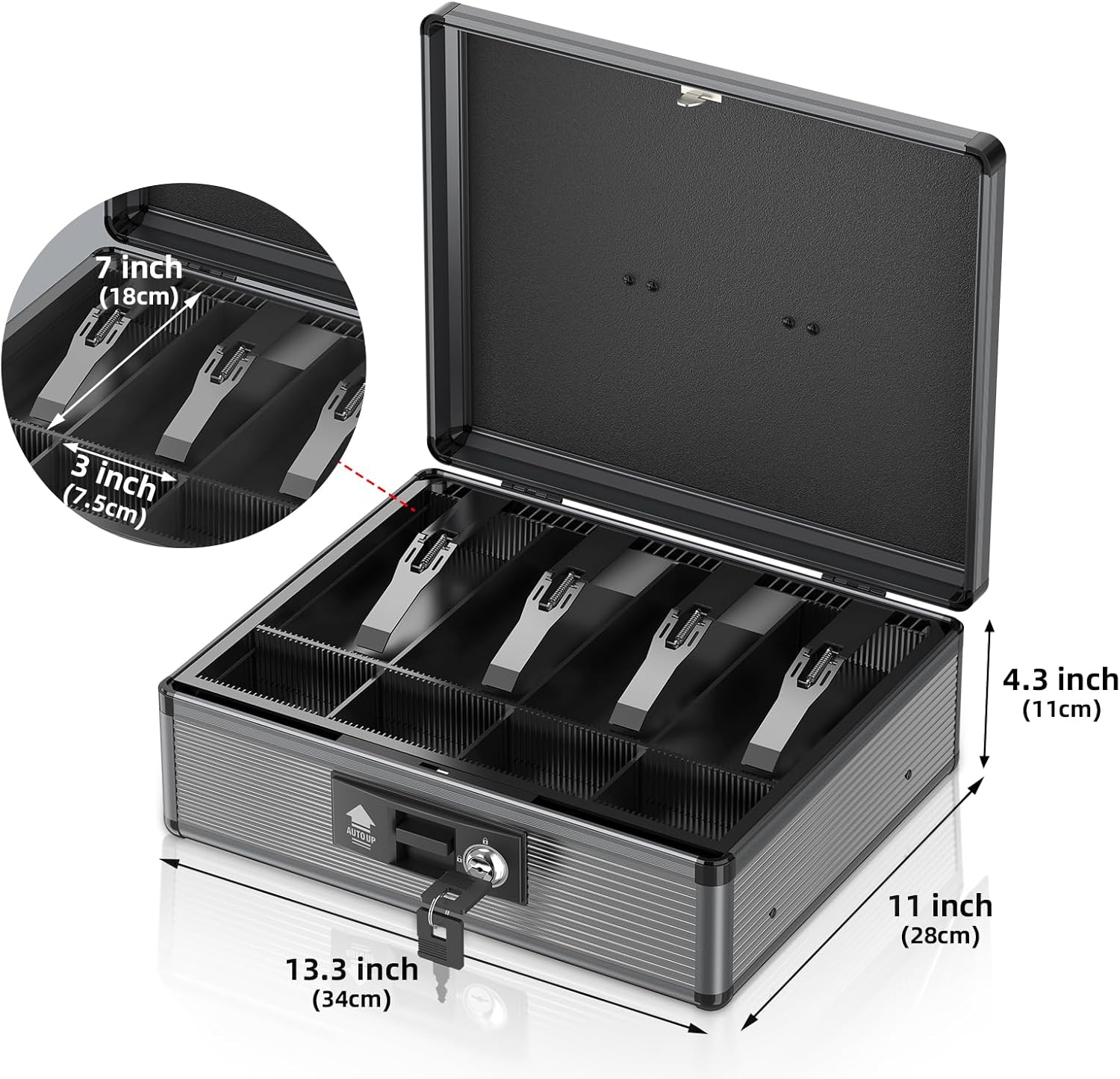 Locking Cash Box with Money Tray and Key, Secure Money Safe Box for Cash, Portable Money Box with Bottom Storage Spaces, Money Saving Organizer(Black, Extra Large)