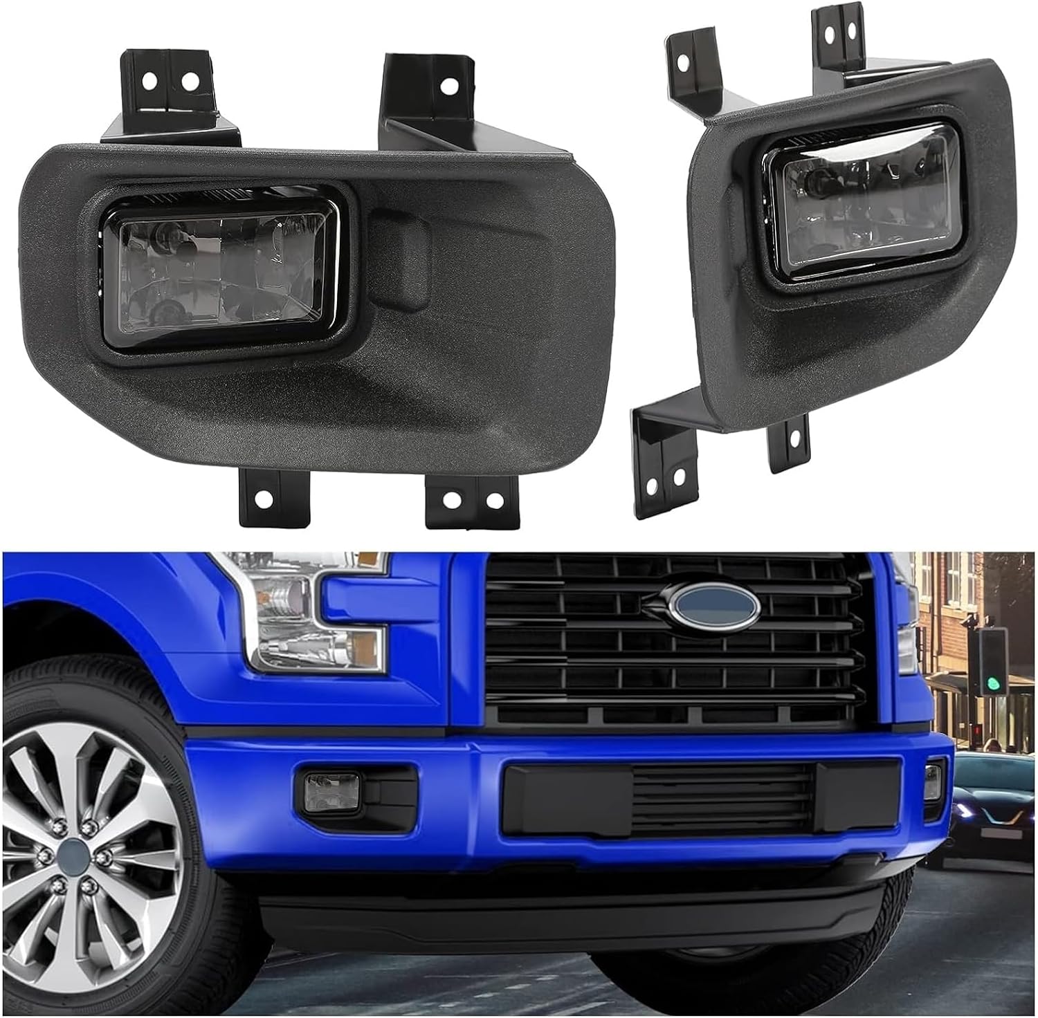 HECASA Driver & Passenger Side Fog Lights Compatible with 2015-2017 Ford F150 F-150 Replacement for FO2592235 FO2593235 FL3Z15201B FL3Z15200B w/Halogen Bulbs Plastic (Smoke Lens)