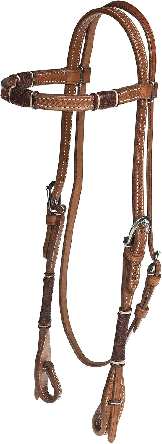 Buffalo Leather Browband Headstall with Rawhide Accents and Simple Buckles - Horse Size