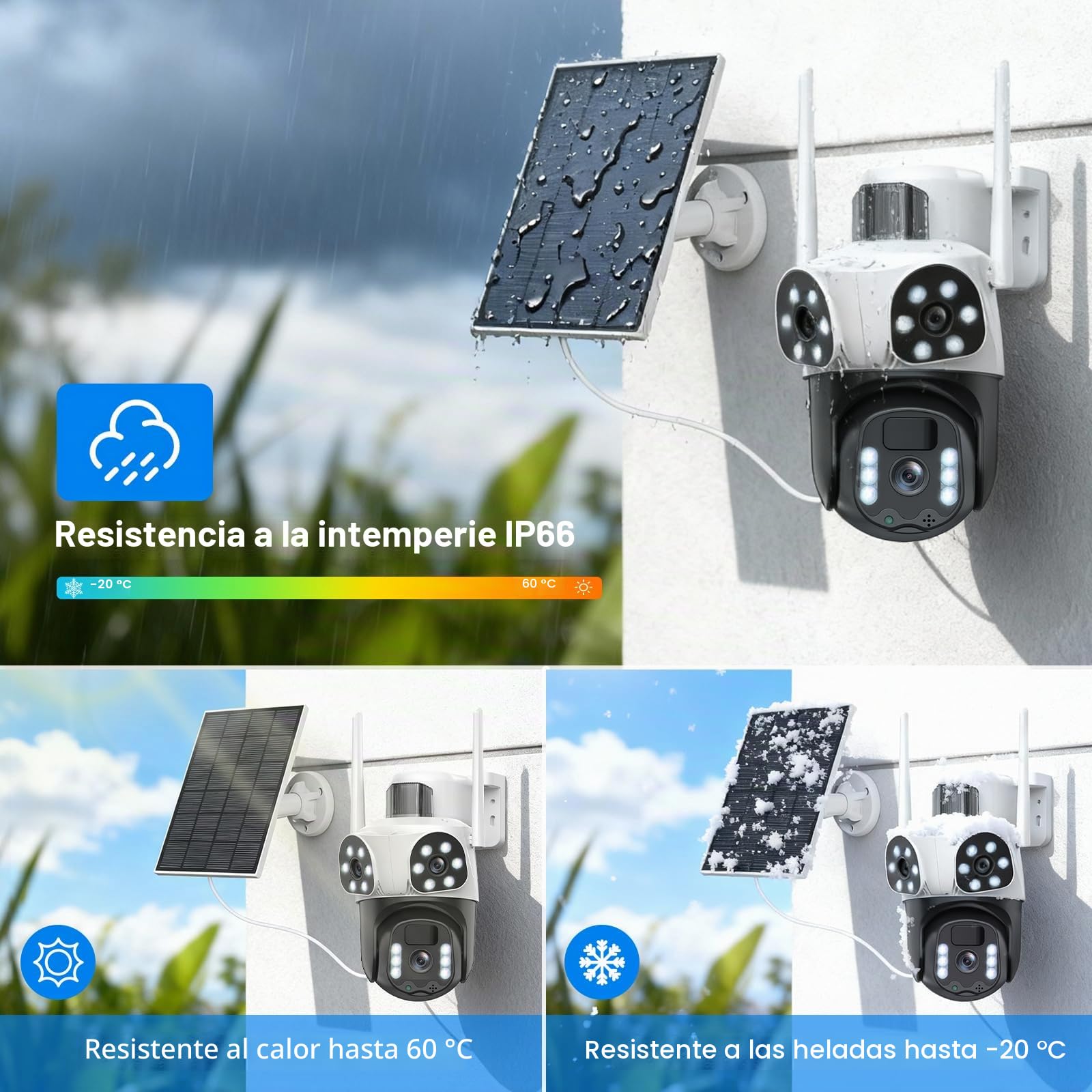 4K Triple Lente Camara Vigilancia WiFi Exterior con Panel Solar, 360°PTZ,Detección Humana PIR,Visión Nocturna en Color, Audio Bidireccional, Seguimiento Automático,Sirena,IP66,2.4G/5GHz,IP66