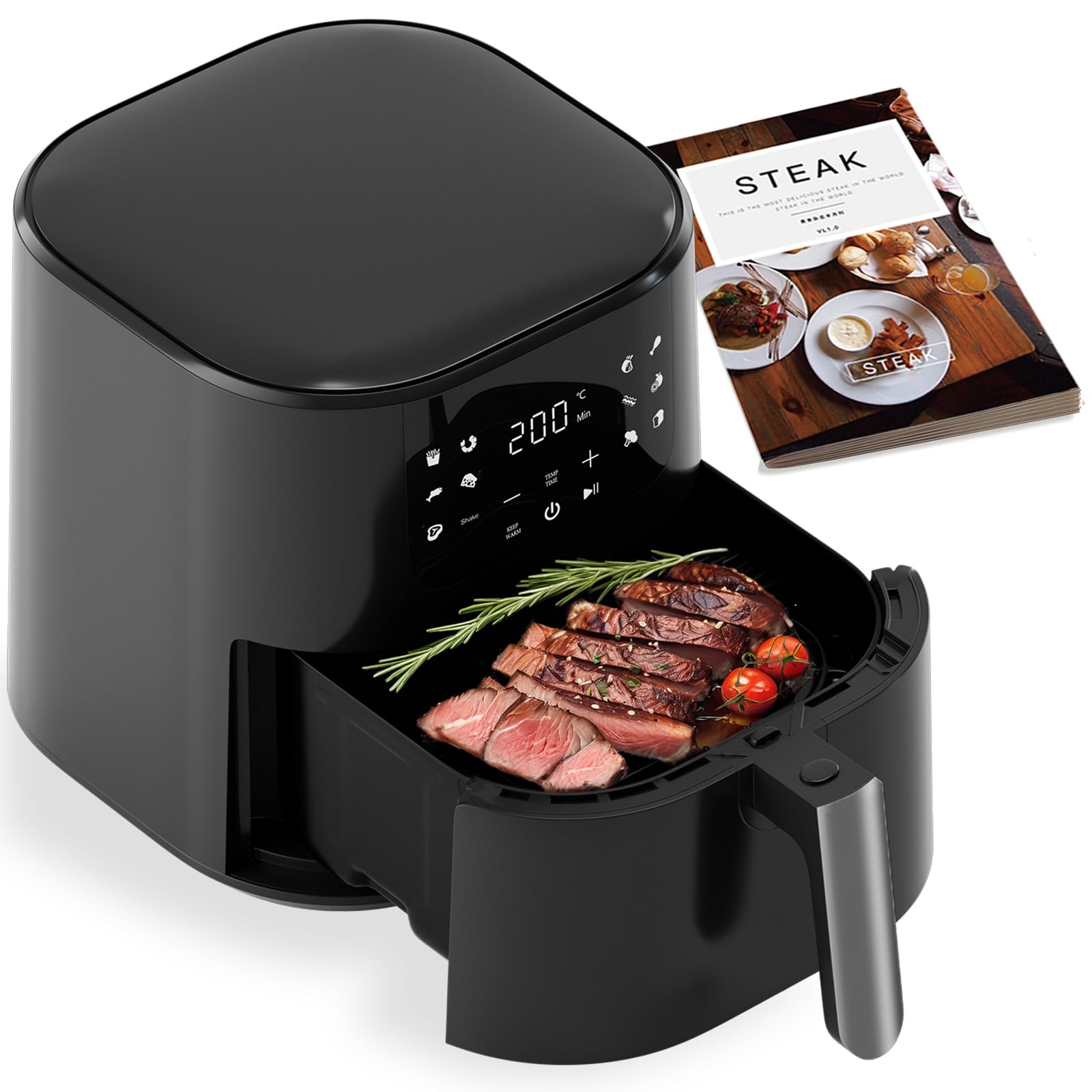 QIDO Air Fryer 8-in-1 with 5 QT Capacity,180°-450°F Precision Heating, Air Fry, Roast, Broil, Reheats, Dehydrates, Less Oil, Features Shake Reminder, Large Touch Display with Auto Menus, Dark Black standard Dark Black