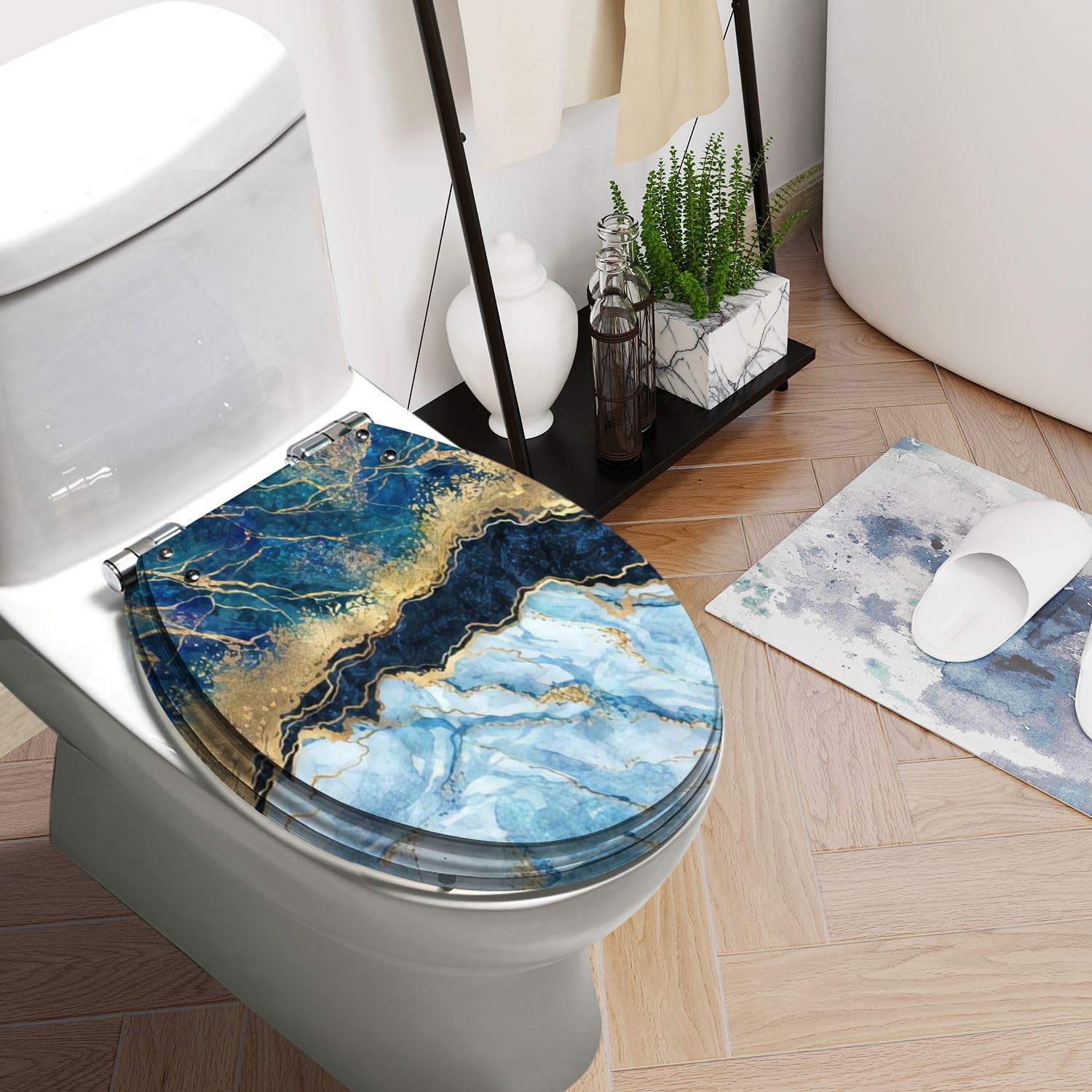 Round Toilet Seat abstract blue marble fake stone texture liquid paint gold glitter Resin Toilet Seat Slow Quiet Close with Quick-Release Hinges Toilet Seat with Cover Easy to Clean Install