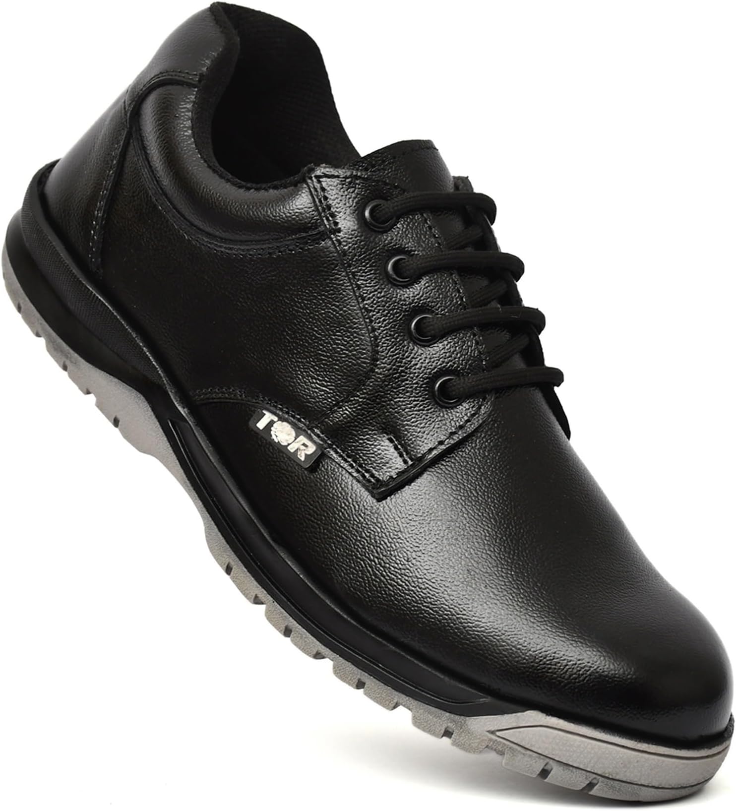 TOR Men's Industrial Genuine Leather Safety Shoes - Steel Toe and Lightweight (Black)