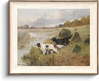 KISSFOX Framed Wall Art Vintage Wall Decor Landscape Canvas Art Countryside Pictures Dog Hunting Paintings Farmhouse Artwork For Living Room Bedroom Bathroom Kitchen