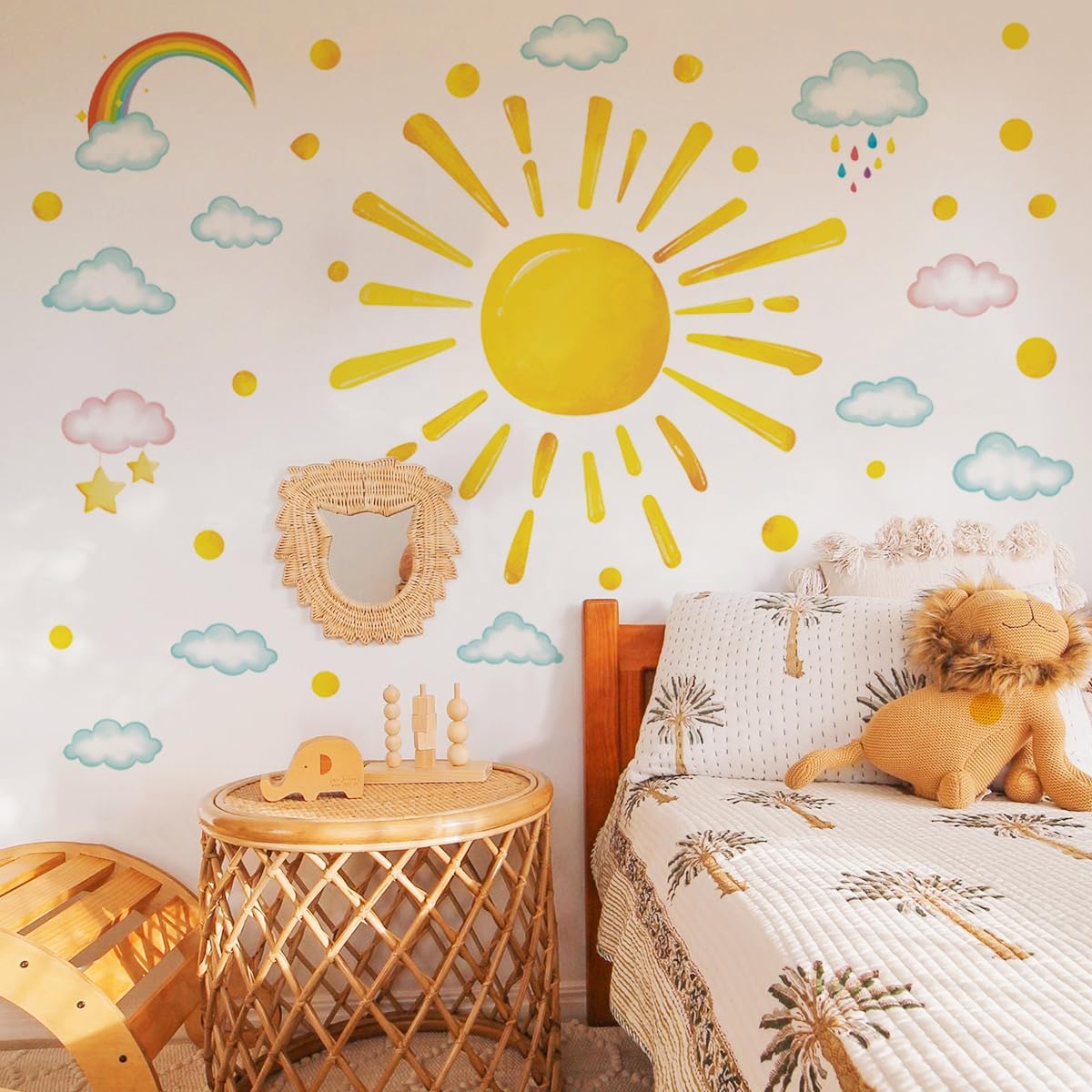 Runtoo Sun Wall Decals Peel and Stick Boho Rainbow Cloud Wall Stickers for Kids Girls Bedroom Nursery Classroom Decor