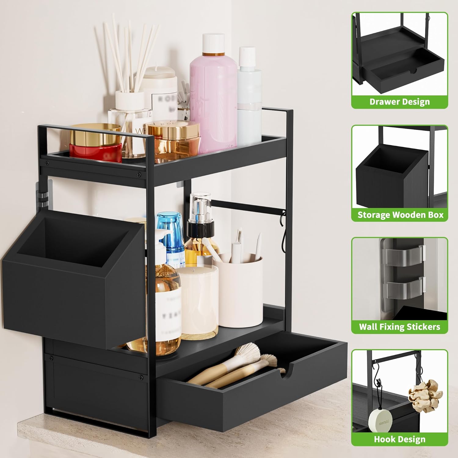 2-Tier Bathroom Counter Organizer with Drawer and Basket, Wood Countertop Organizer for Storage, Skincare Organizers for Vanity, Counter Shelf for Bathroom Organization, Black - Image 3