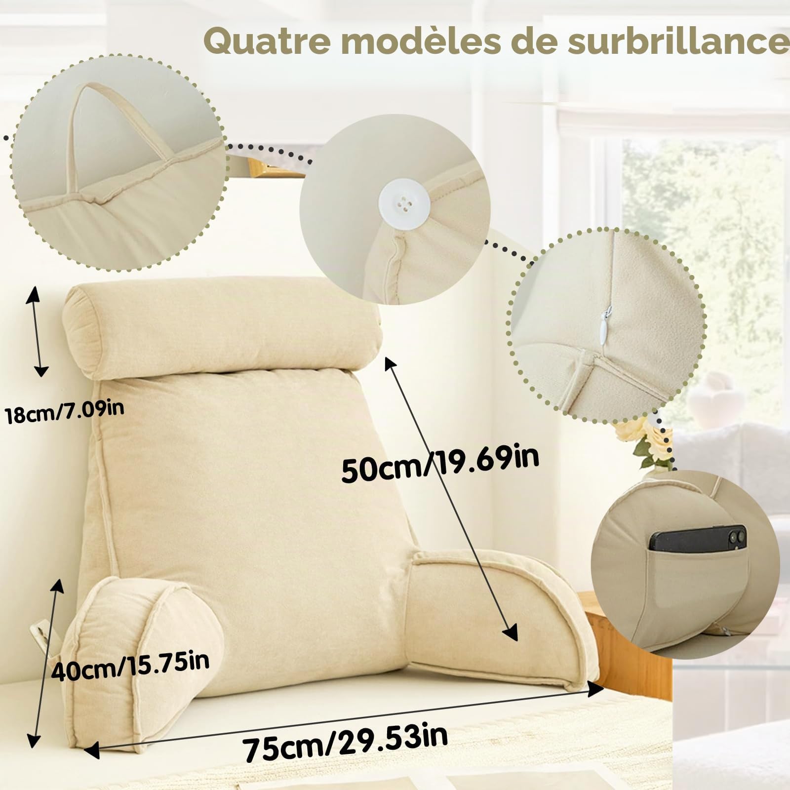 Coussin de Lecture avec Accoudoirs,Oreiller Cervical Dossier de Soutien Lombaire,Dossier de canapé,Housse Lavable,Détendez-Vous ou travaillez confortablement ﻿ (Gris Clair)