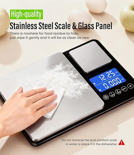 Miniatura 7 de Digital Dual Platform Kitchen Scale, 33 lb Large & 1.1 lb Mini Food Scale with Dual-Line LCD Display, Stainless Steel, High Precision for Baking,