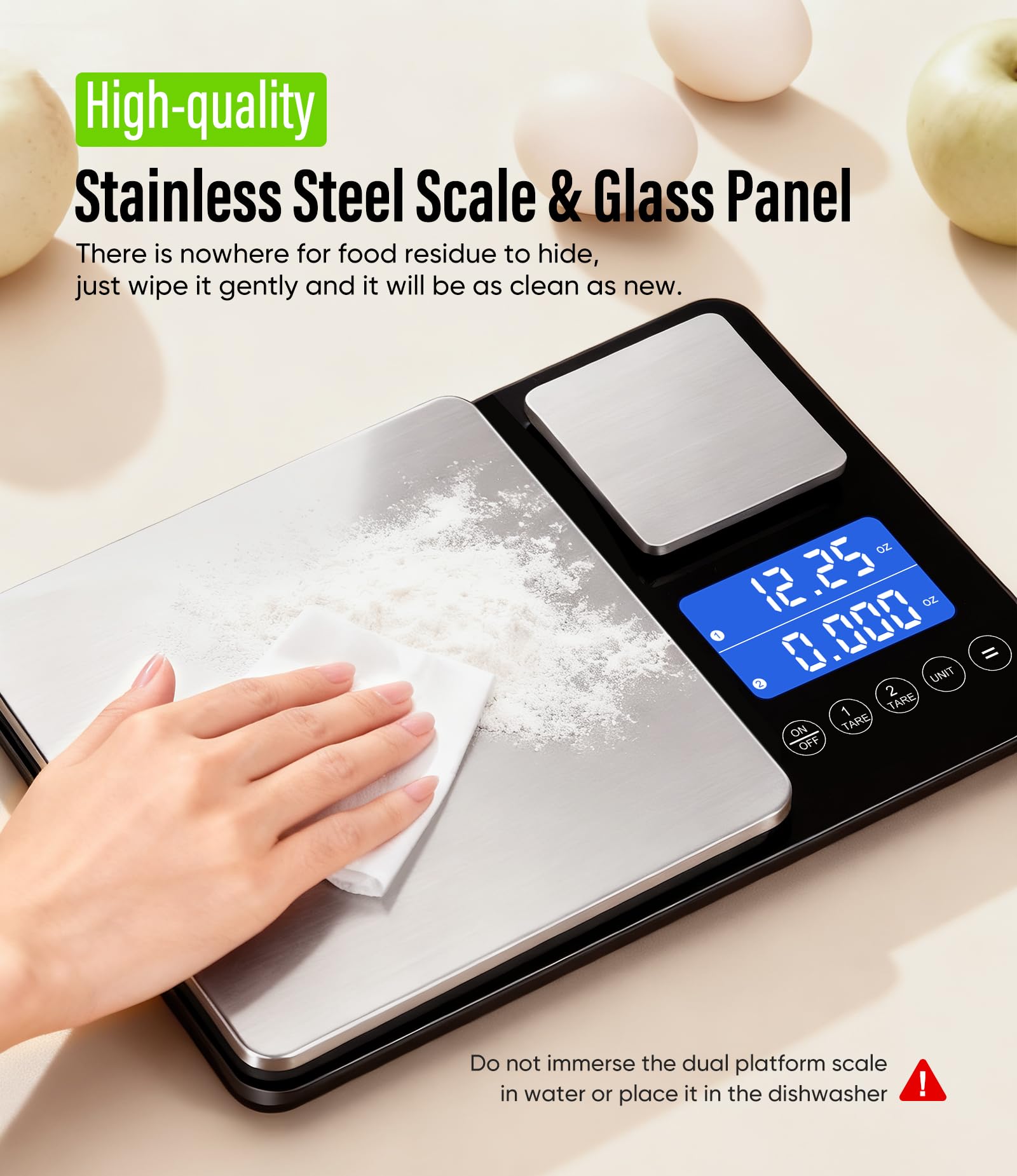 Küchenwaage Digital mit 2 Plattformen, Waage Küche & Hohe Präzision Feinwaage 15kg/1g & 500g/0,01g, 7 Maßeinheiten, Tara- & Summierungsfunktion, LCD Anzeige, Silber inkl. Batterien