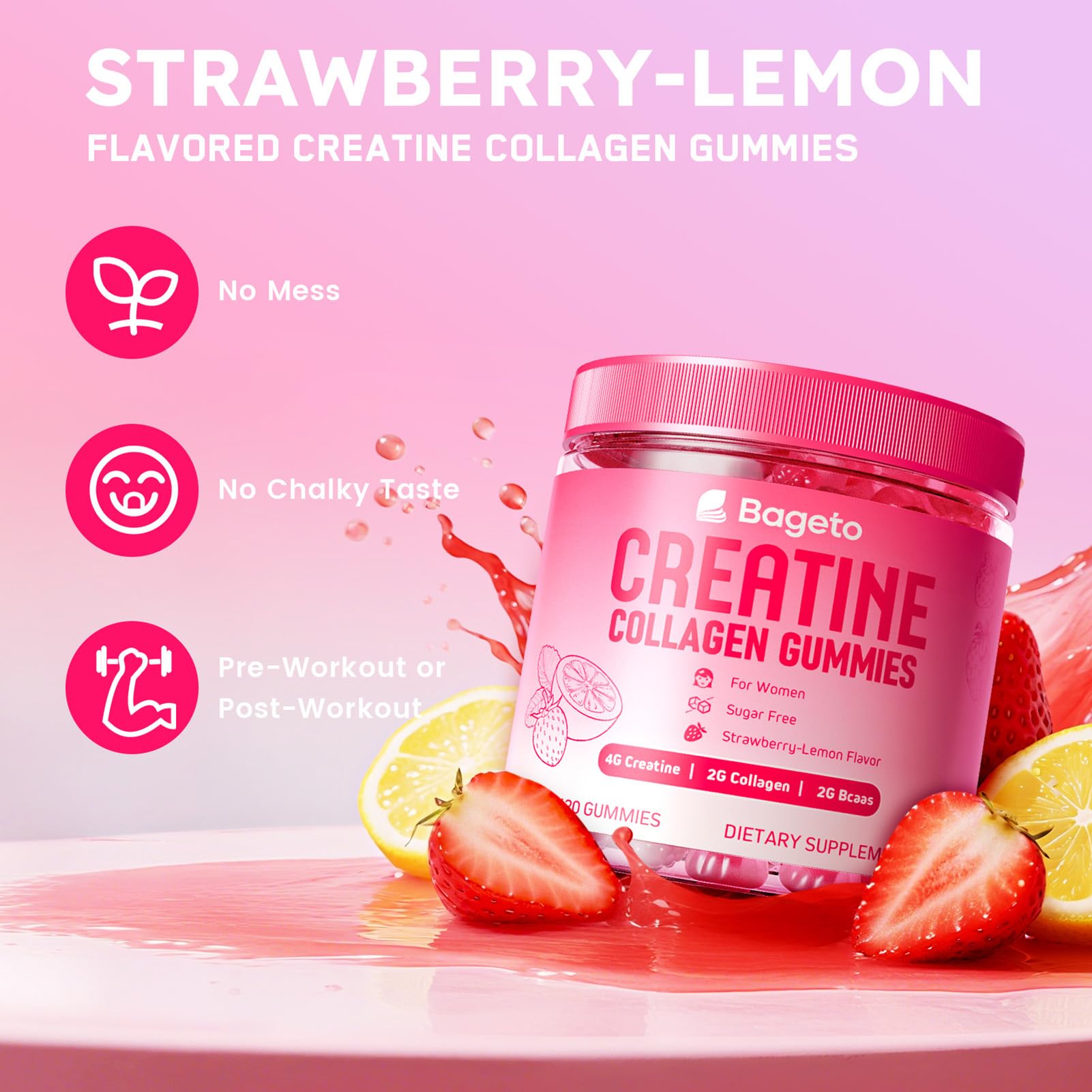 Creatine for Women + Collagen + BCAAs + Vitamin C & B12, 120 Sugar Free Creatine Gummies for Women, Creatine Monohydrate Gummies Pre Workout for Booty, Energy & Strength, Strawberry-Lemon Flavor — Amazon image 3