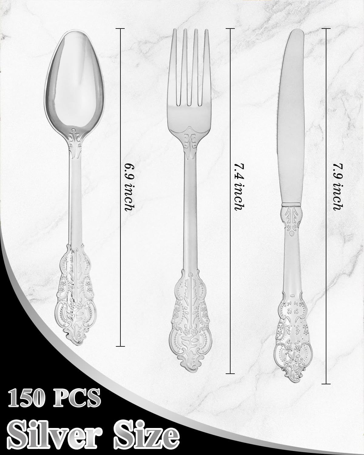 Goodluck 150 Pack Silver Plastic Silverware Set – Heavy Duty Disposable Cutlery, Includes 50 Forks, 50 Spoons, 50 Knives, Elegant Vintage Design for Weddings, Parties, Thanksgiving, and Daily Use