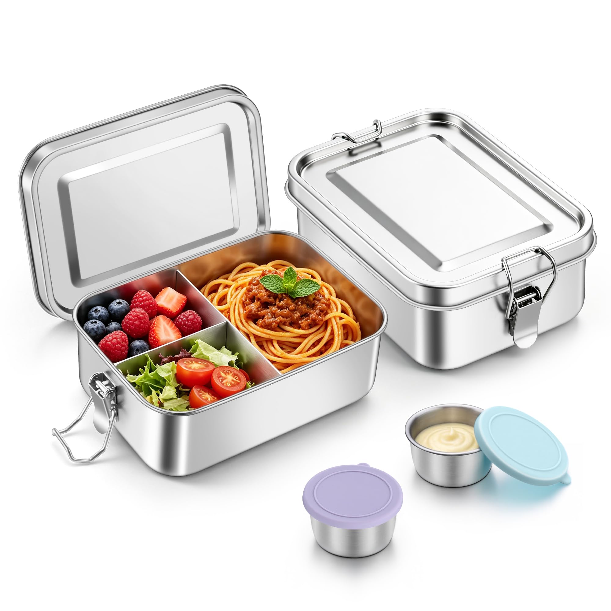 Onader 2Pcs Lunch Boxes 850ML, Stainless Steel Bento Boxes with Sauce Pots