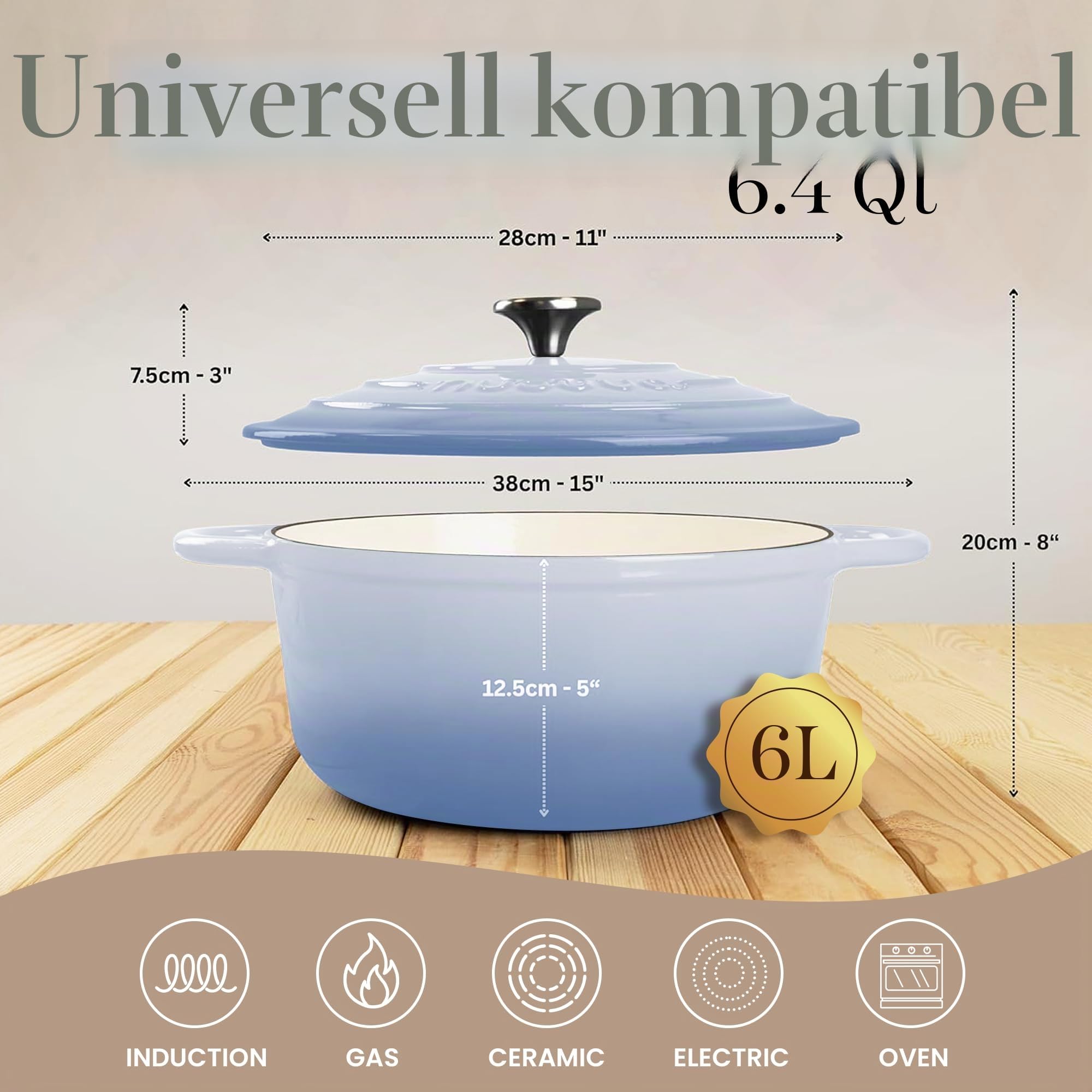 Gusseisen-Ofentopf mit Deckel – Emaille-Schmortopf mit Antihaft, Ofenfest – Küstlich Blau, 6.1 Liter, 28 cm – von Nuovva