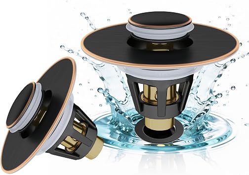 Fransiton 2 Pack Bathroom Sink Stopper, 1.1-1.77 Inch Basin Pop Up Sink Drain Stopper, Anti Clogging Drain Plug with Detachable Hair Catcher, Dark Bronze
