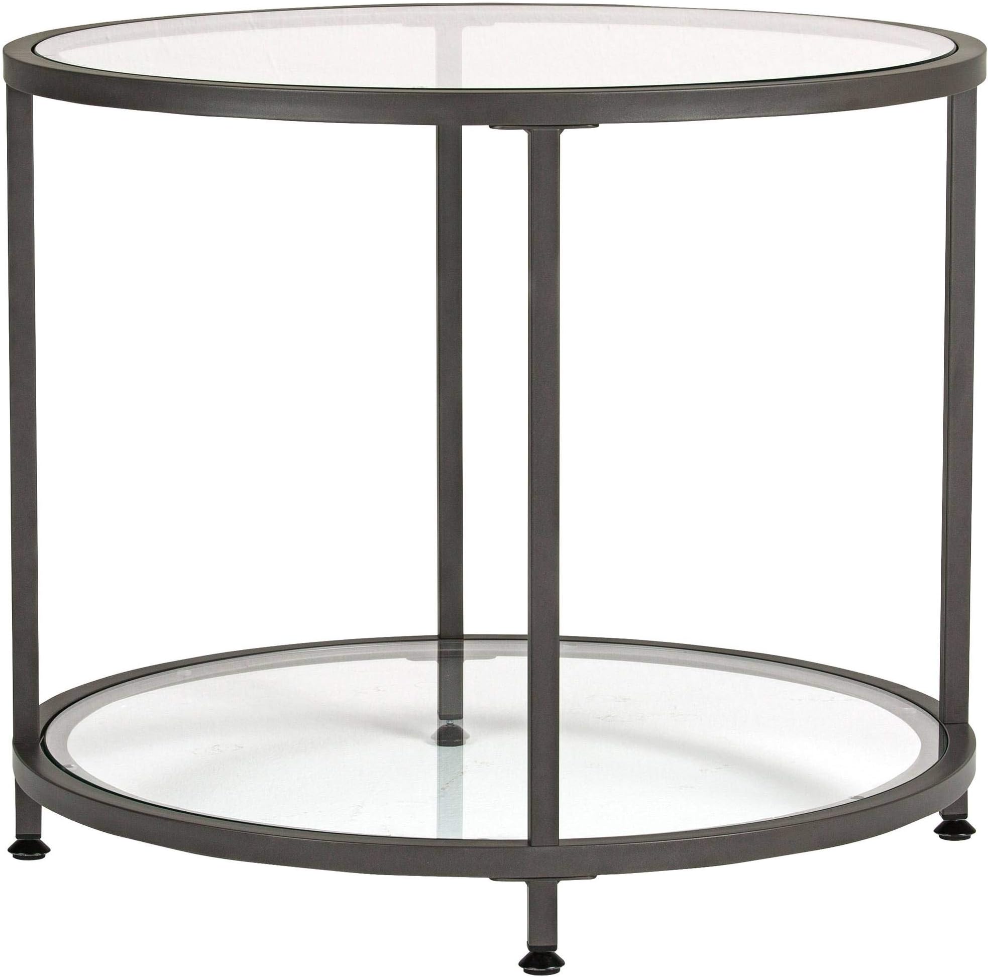 Studio Designs Home Camber Round Side Table End Table Glass Coffee Table In Pewter With Clear Glass, 71004, 26 In