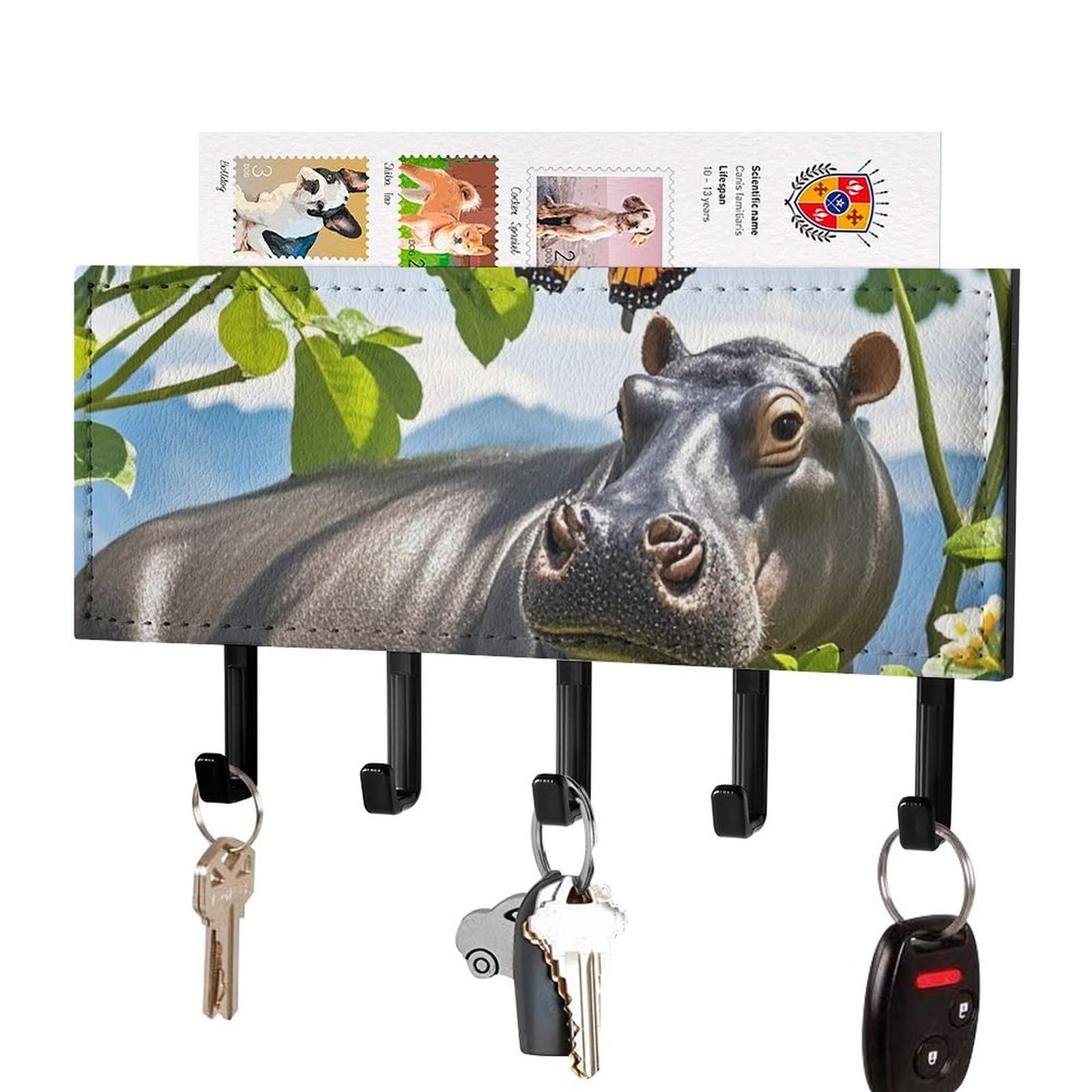 Fekiloot Black-Style Butterfly And Hippo Key Holder Wall Mount Key Hanger With 5 Hooks Decorative Key Rack Hanging Key Hooks With Mail Organizer Key Holder For Wall Living Room Kitchen Bathroom Hallway Black