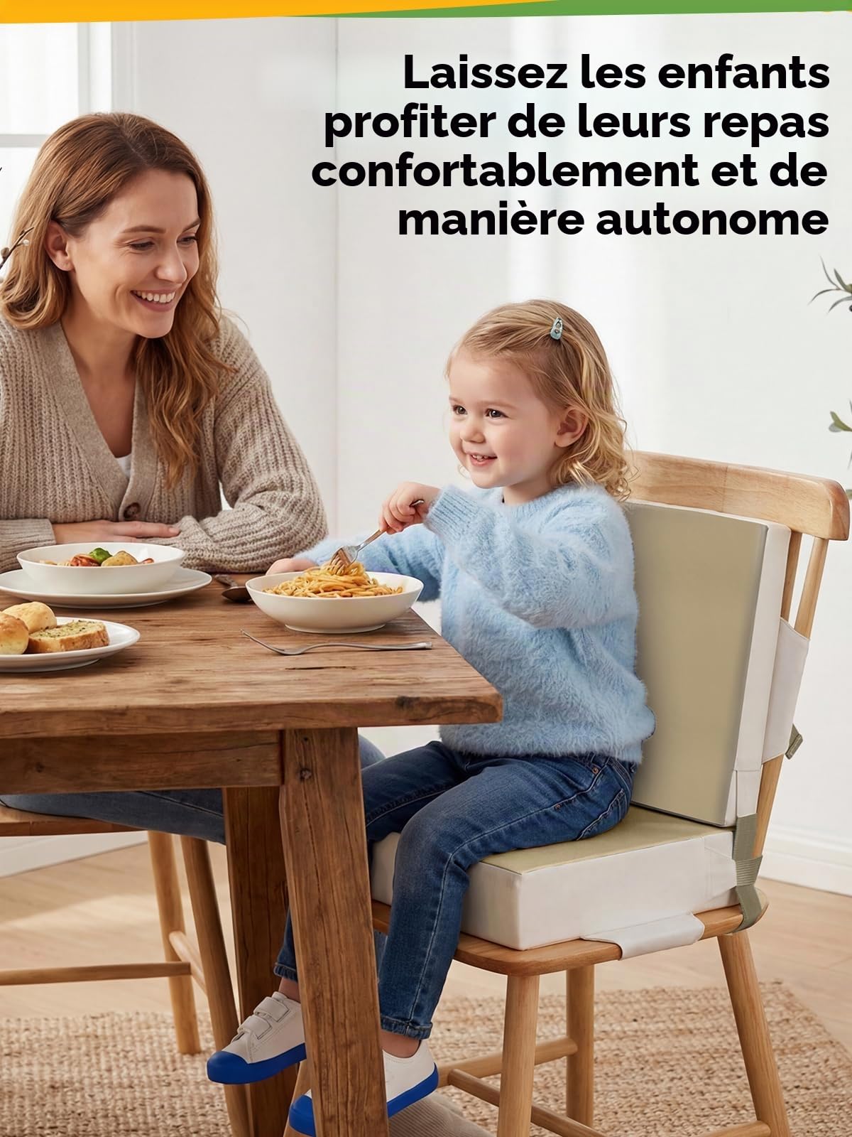 Rehausseur de chaise constitué de deux coussins - Pour enfant et bébé - En polyuréthane lavable - Avec sangles - pour enfants de plus de deux ans - Kaki