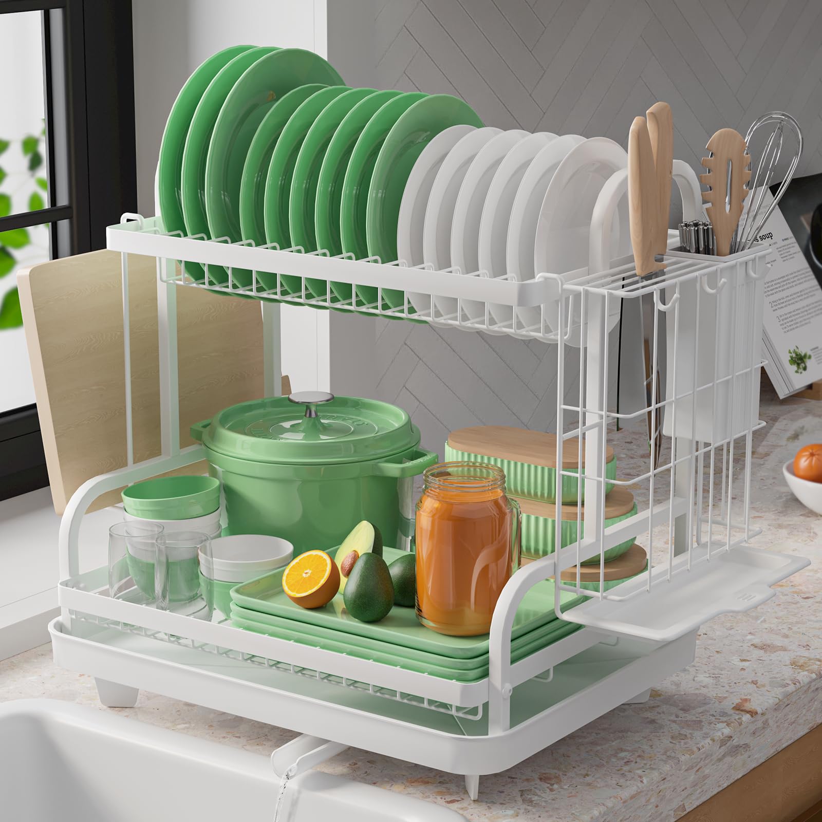 Kitsure Dish Drying Rack, Multifunctional Dish Rack, Rustproof Kitchen Dish Drying Rack with Drainboard, Space-Saving 2-Tier Dish Drying Rack with a Large Capacity for Kitchen Counter, White