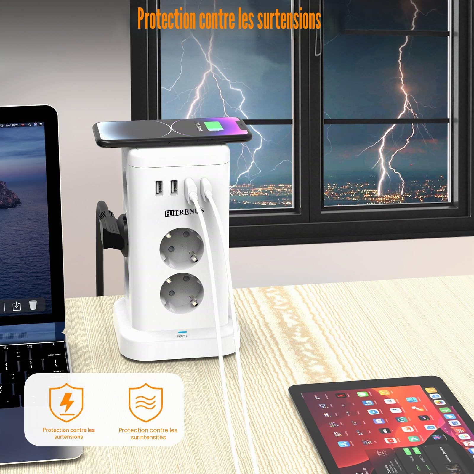 Tour de Prises 11 avec Chargeur sans Fil | Protection Contre Les Surtensions et Interrupteur | 3680W Max (16A) | 11 Prises EU + 4 Ports USB | Câble d'alimentation 2m | pour Bureau, Maison | Blanc