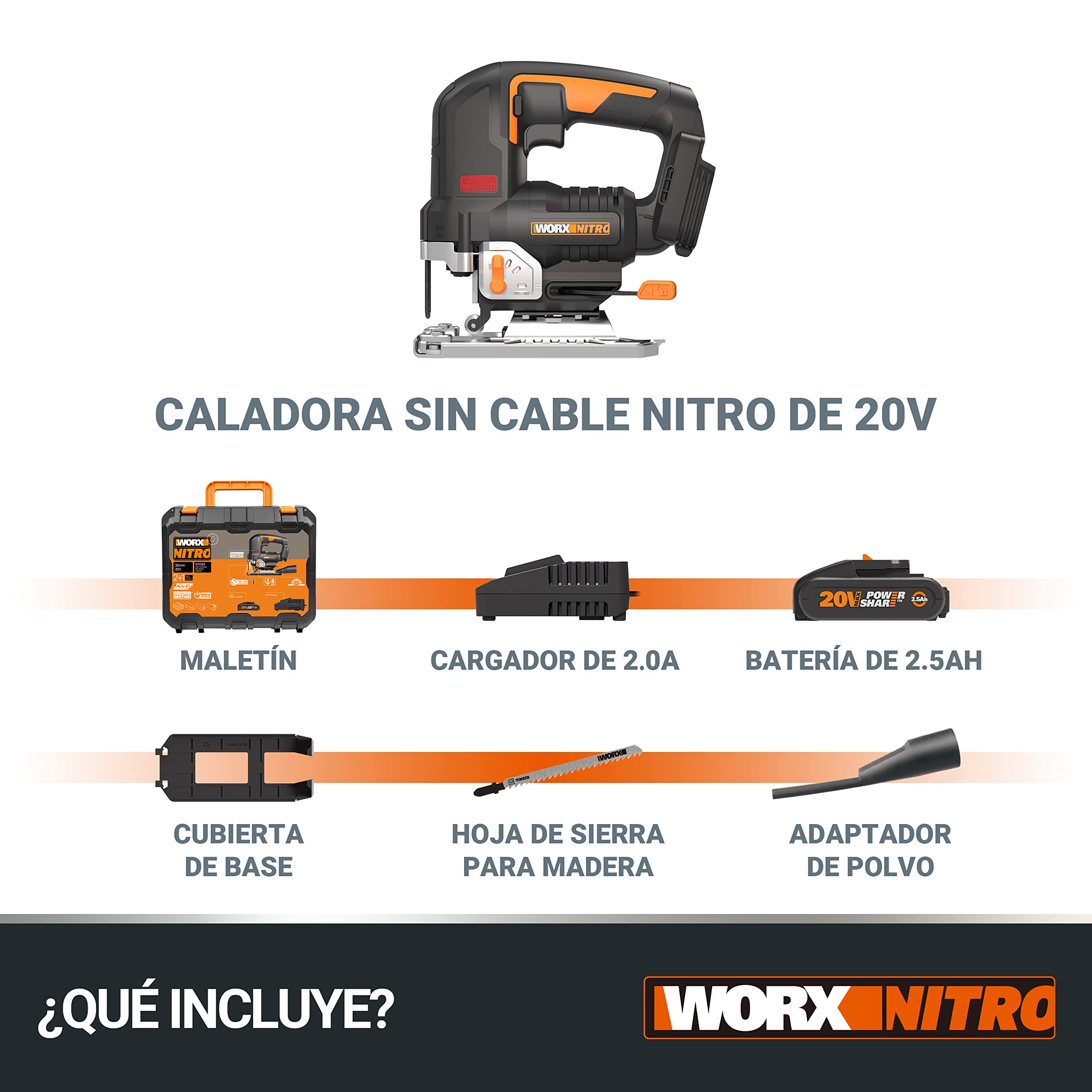 WORX Sierra de calar 20V | Power Share| WX542 Potente motor sin escobillas |1 batería de 2Ah, cargador y maletín | 3 posiciones, penduleo y tubo de aspiración
