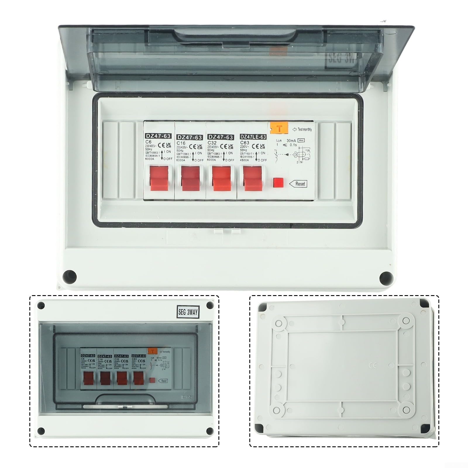 Contador de consumo de 3 vías IP65 con para rcd y 3 x MCB para garaje | Plástico ignífugo, 63 A, 230 V, protección contra cortocircuitos, para garaje, caravana, taller