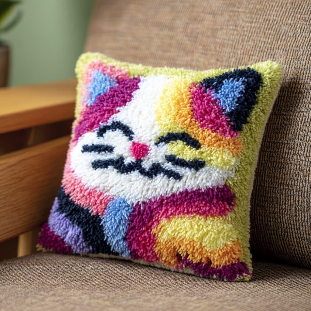Taxpy DIY Latch Hook Pillow Kit Pre-Printed Hook and Latch Rug Kits Cat 17X17 Inch.Cross-Stitch Embroidery Cushion Cover for Home Sofa Decoration
