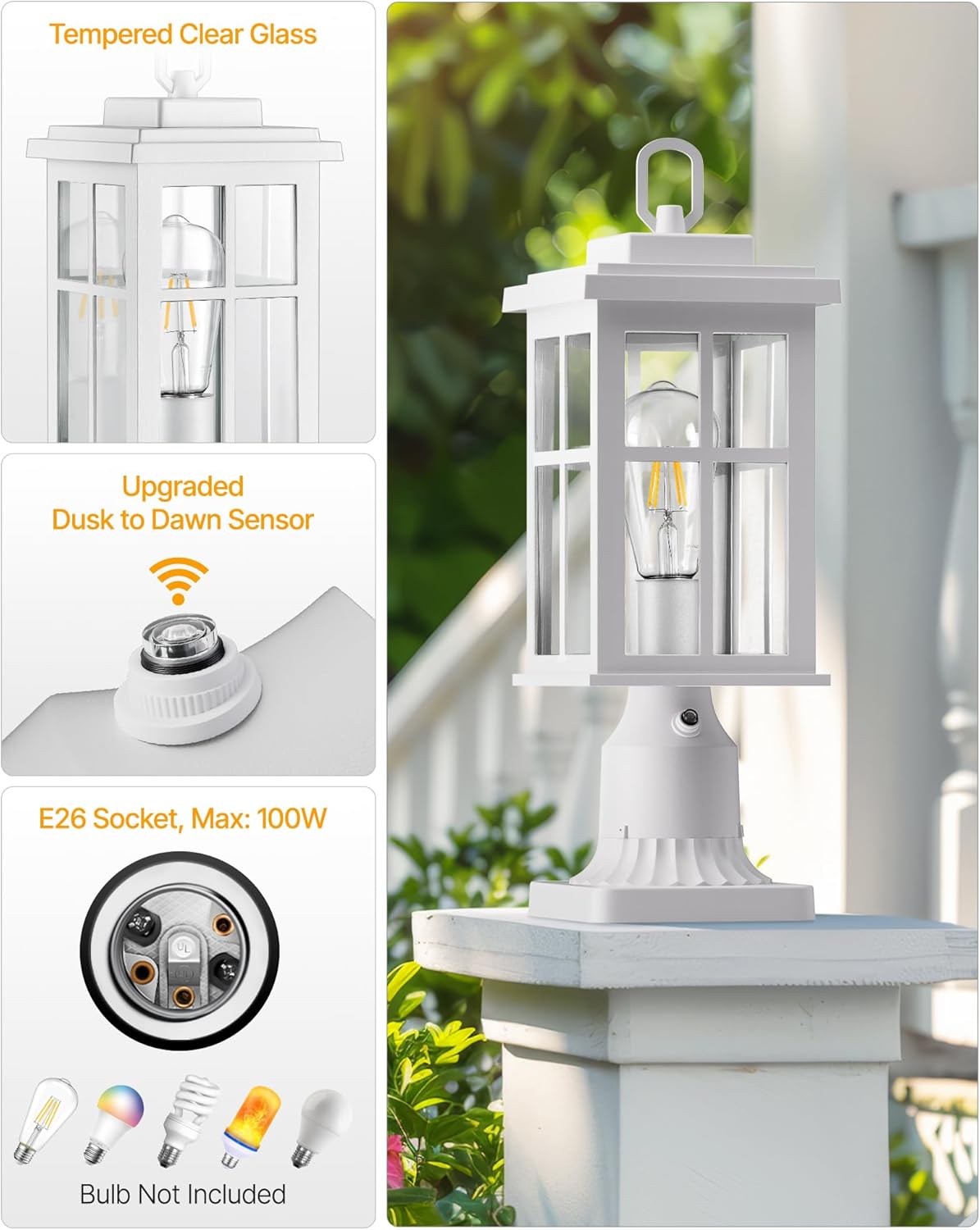 Dusk to Dawn Outdoor Post Lights, White Post Lights Outdoor with Pier Mount Base, Waterproof Lamp Posts Outdoor Lighting with Tempered Glass for Garden, Porch(Hardwired 120V, Not Solar)