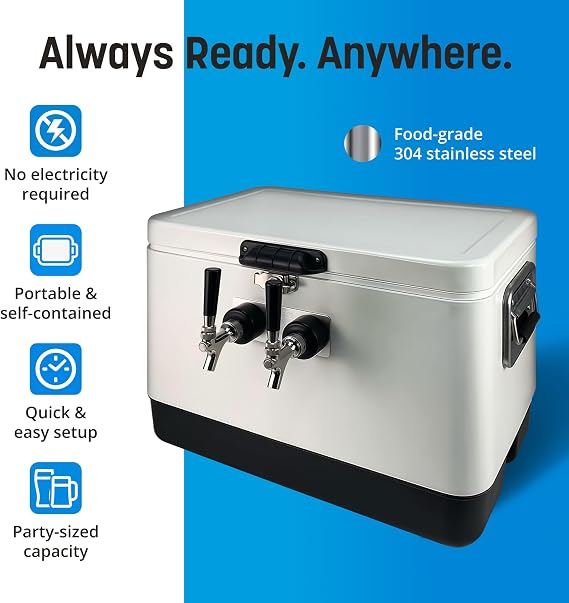 Coldbreak 2-Tap Jockey Box, 54 Quart Cooler with 50' Stainless Steel Coils, Front Input for Clean Setup, Heavy Duty Beverage-Grade Construction, Ideal for Keg Service, Made in USA (Artic White)