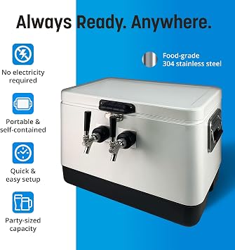 Coldbreak 2-Tap Jockey Box, 54 Quart Cooler with 50' Stainless Steel Coils, Front Input for Clean Setup, Heavy Duty Beverage-Grade Construction, Ideal for Keg Service, Made in USA (Artic White)