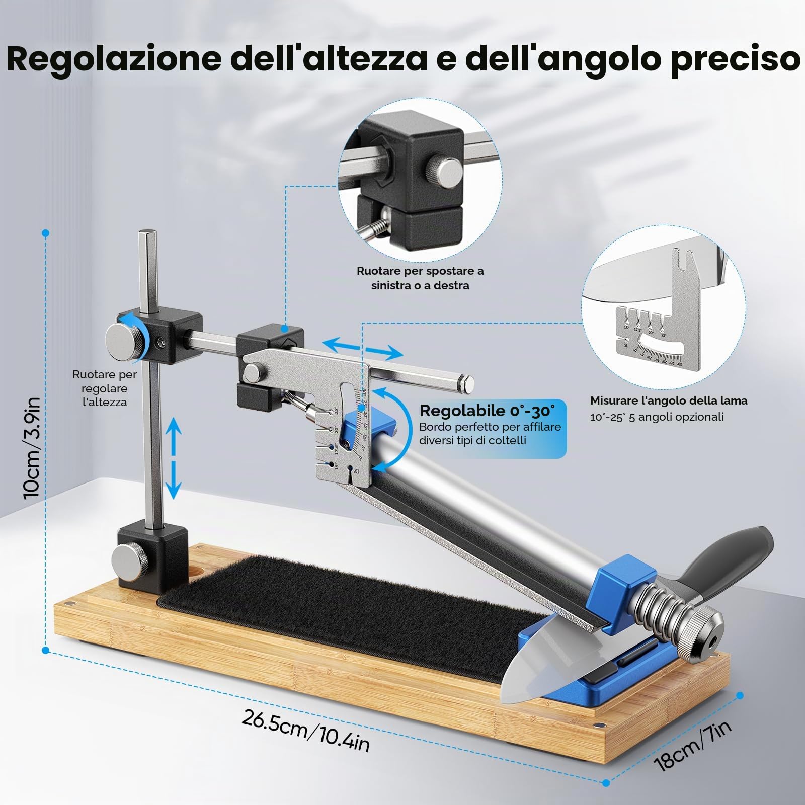 Affilacoltelli manuale con guida angolare – Kit professionale comprensivo di 4 pietre per affilare, adatto a tutti i coltelli da cucina e da outdoor, con base antiscivolo in legno