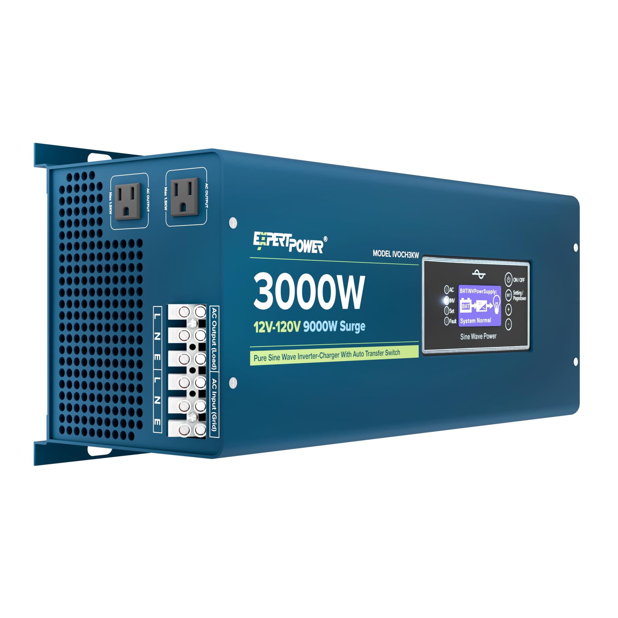 ExpertPower 3000W Pure Sine Wave Inverter Charger | Peak 9000W | DC 12V - AC 110V | LifePO4/ Lithium Battery Compatible | Auto Transfer Switch | LCD Display