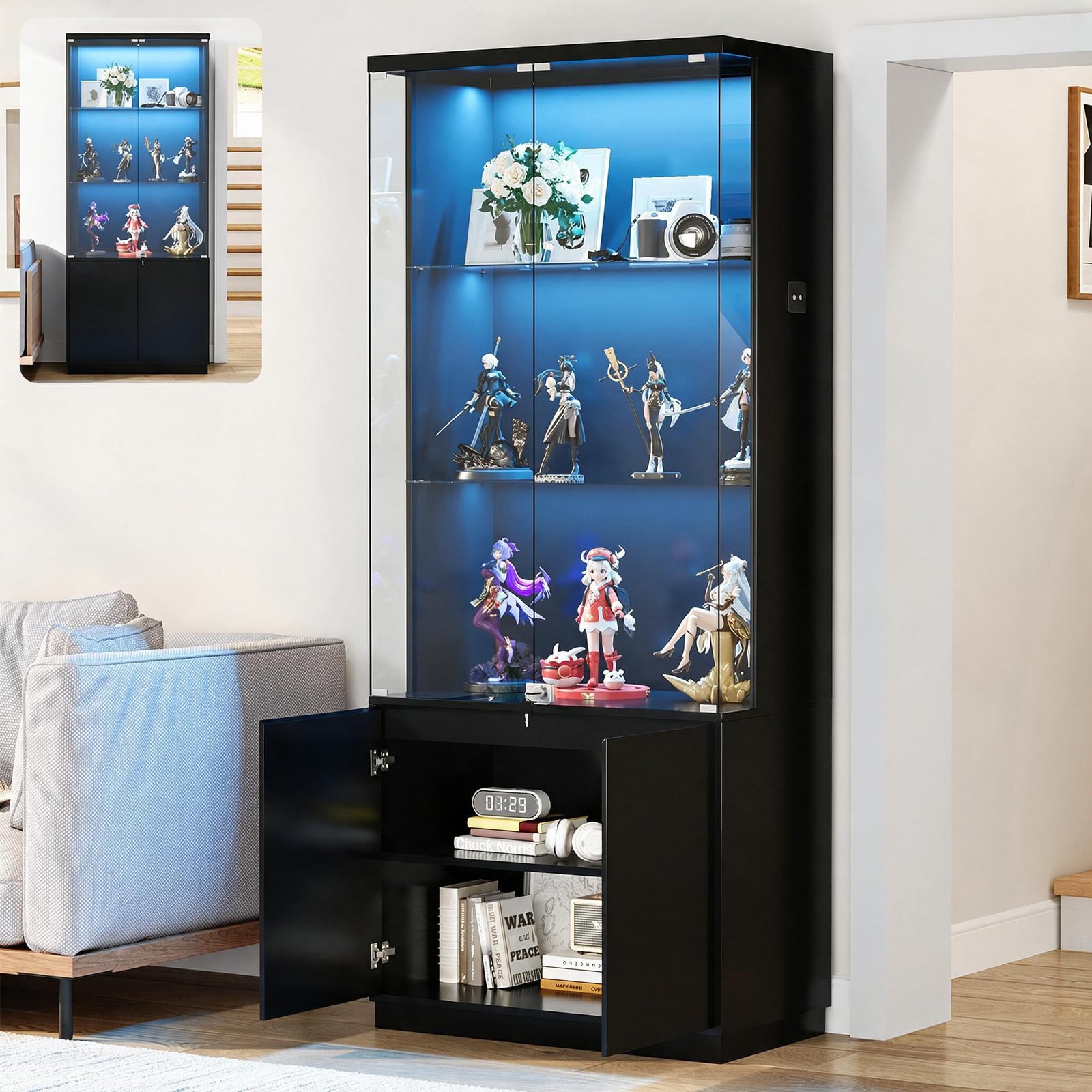 Amazon.co.jp: Kennkari ガラスディスプレイキャビネット 縦型 LED