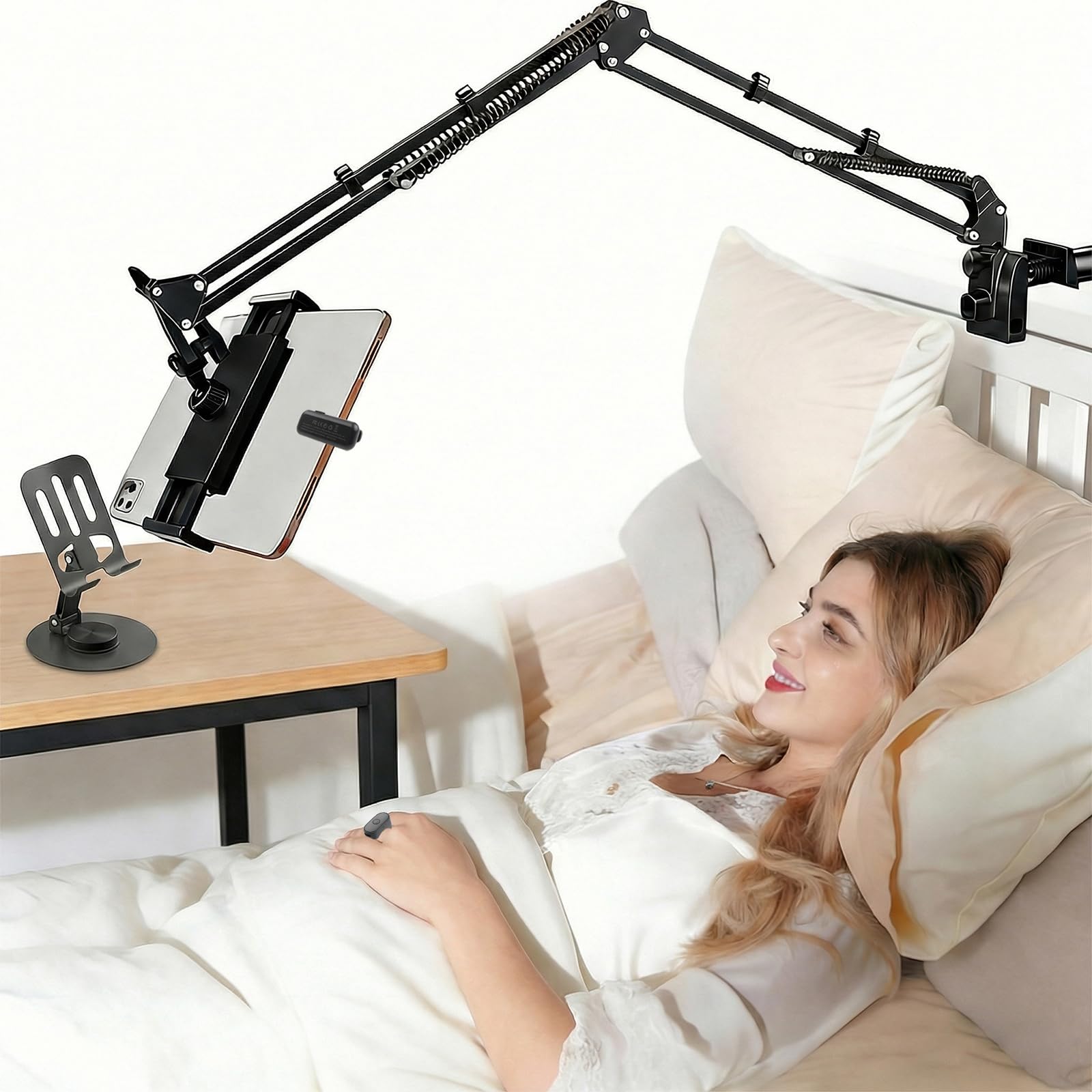 KingYH Support Réglable pour Tablette Lit avec Télécommande Kindle et Support Rotatif à 360° pour Téléphone Portable pour Kindle Paperwhite/Kobo/Pocketbook 4,7–12,9 Pouces Cadeaux pour Les Lecteurs