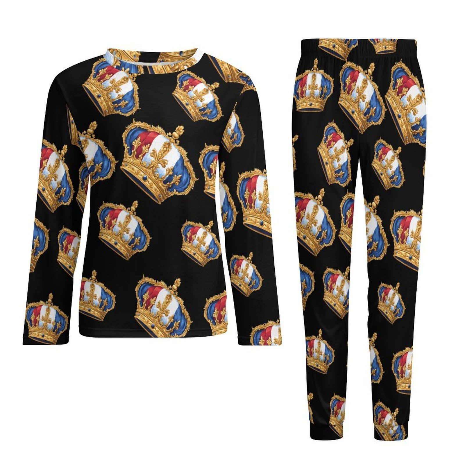 French King - Conjunto de pijama para hombre, cuello redondo, 2 piezas, manga larga, suave, transpirable para todas las estaciones