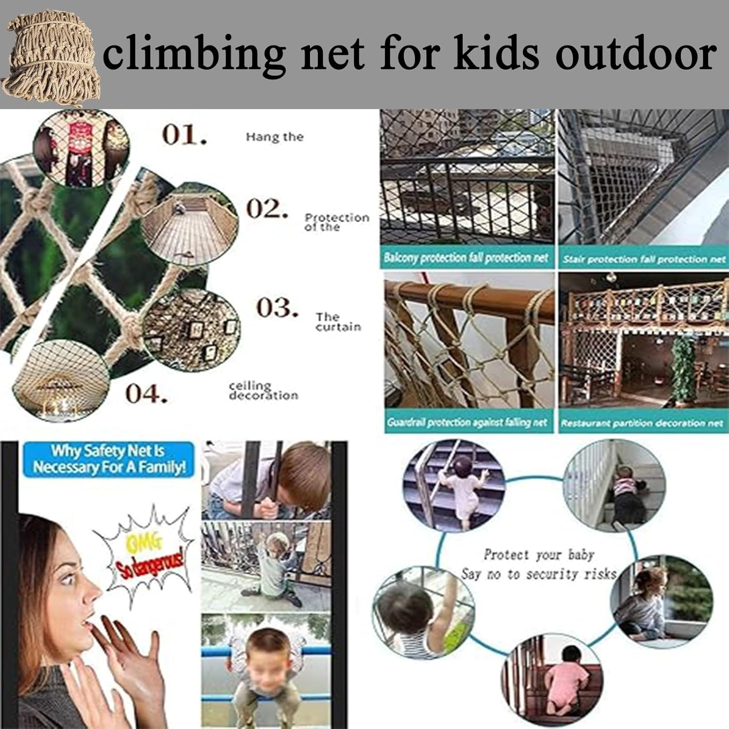 Climbing Cargo Net - Double Layer Playground Safety Netting, Durable Polyester & Jute for Treehouse Accessories, Outdoor Adventure, 3x26FT / 1x8M Hemp Rope Net