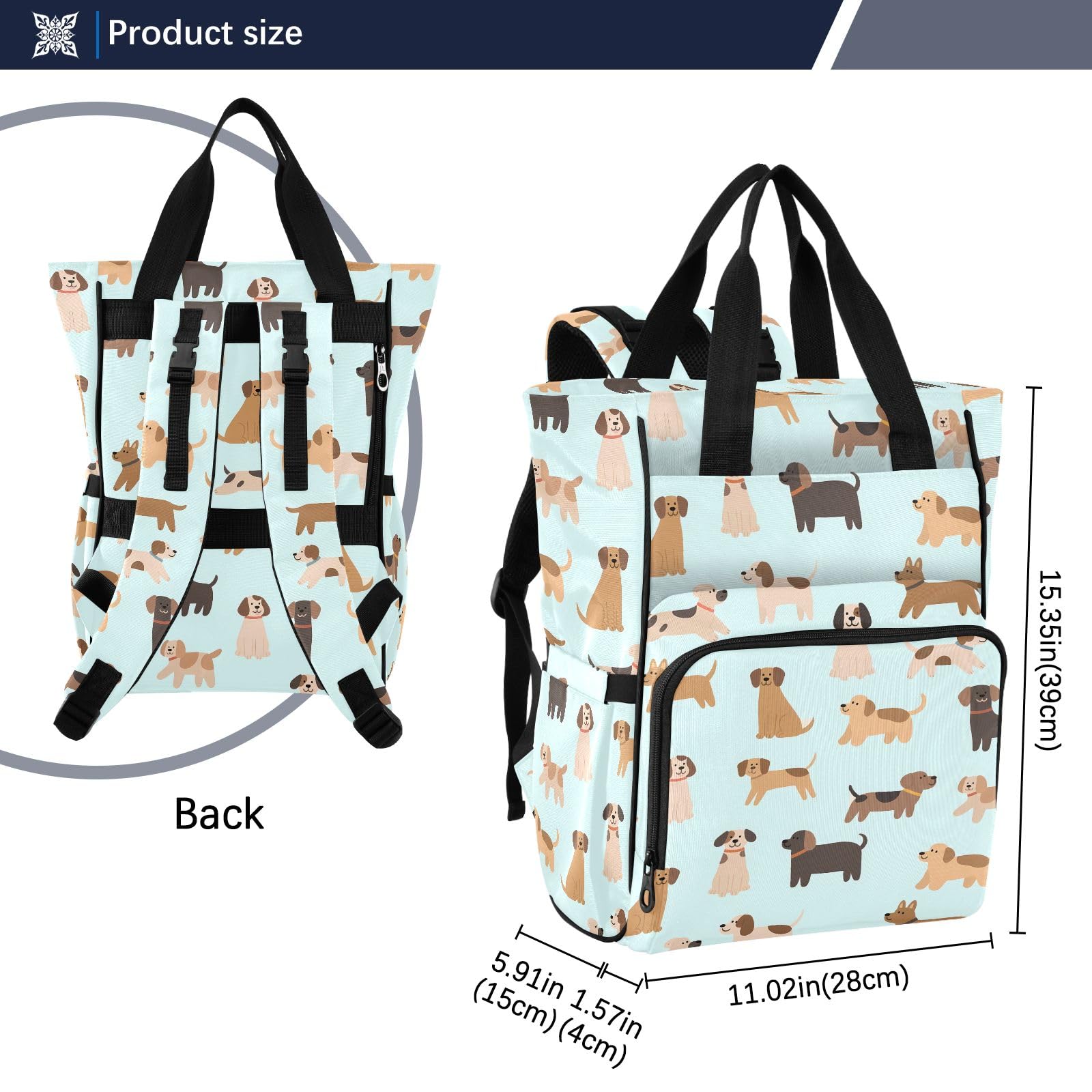 Mnsruu Zaino con cani in diverse pose modello borsa per pannolini per bambini borsa grande borsa impermeabile da viaggio borse per pannolini per mamme e papà