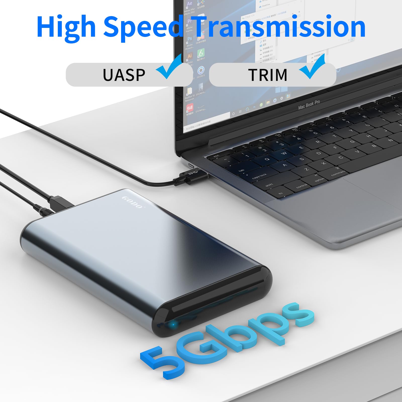 GODO Adattatore da SAS a USB 3.0, docking station per disco rigido per SSD SAS/SATA HDD da 2,5/3,5", con indicatore luminoso, adattatore di alimentazione, plug and play, supporta UASP Trim