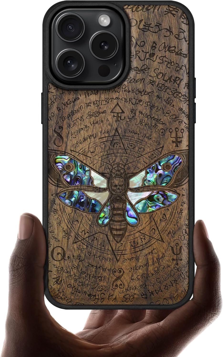 Carveit Magnetic Case for iPhone 16 Pro Max Case, Wood Artisan Engraved & Handmade Shell Inlaid, TPU Shockproof Cover, Compatible with MagSafe Wireless Chargers (Death's Head Moth) Walnut