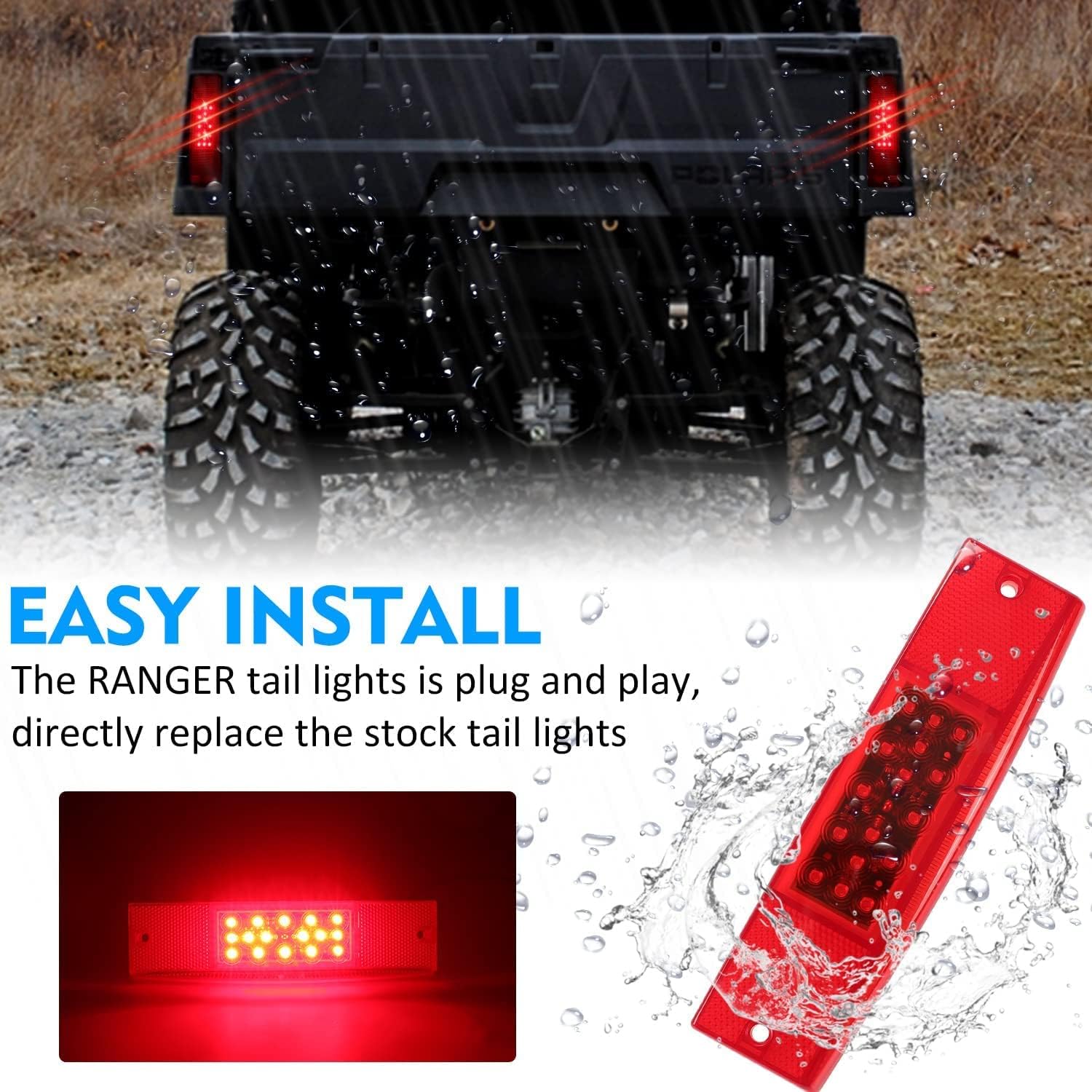 SUNPIE Tail Lights for 2011+ Polaris Ranger 400 500 570 800 EV EFI MIDSIZE, Red LED Rear Brake Stop Light, Replace #2411450, Left and Right Side
