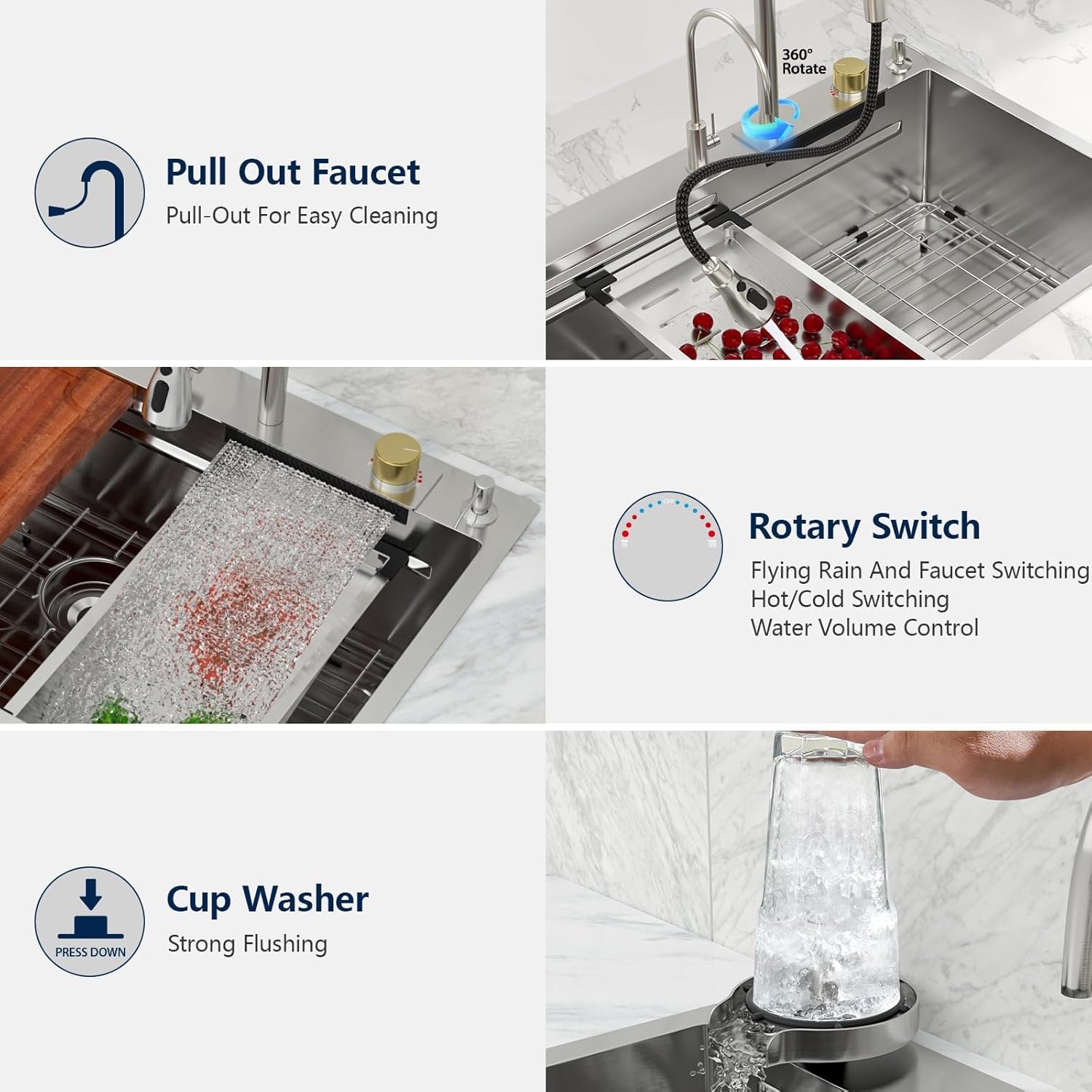 Logmey Waterfall Sink 33x19 Drop in Kitchen Sink with Pull-out Faucet,Multifunctional All in One Workstation Sinks,16 Gauge Stainless Steel,Double Step,5 Hole,Ideal for Luxury & Minimalist Style