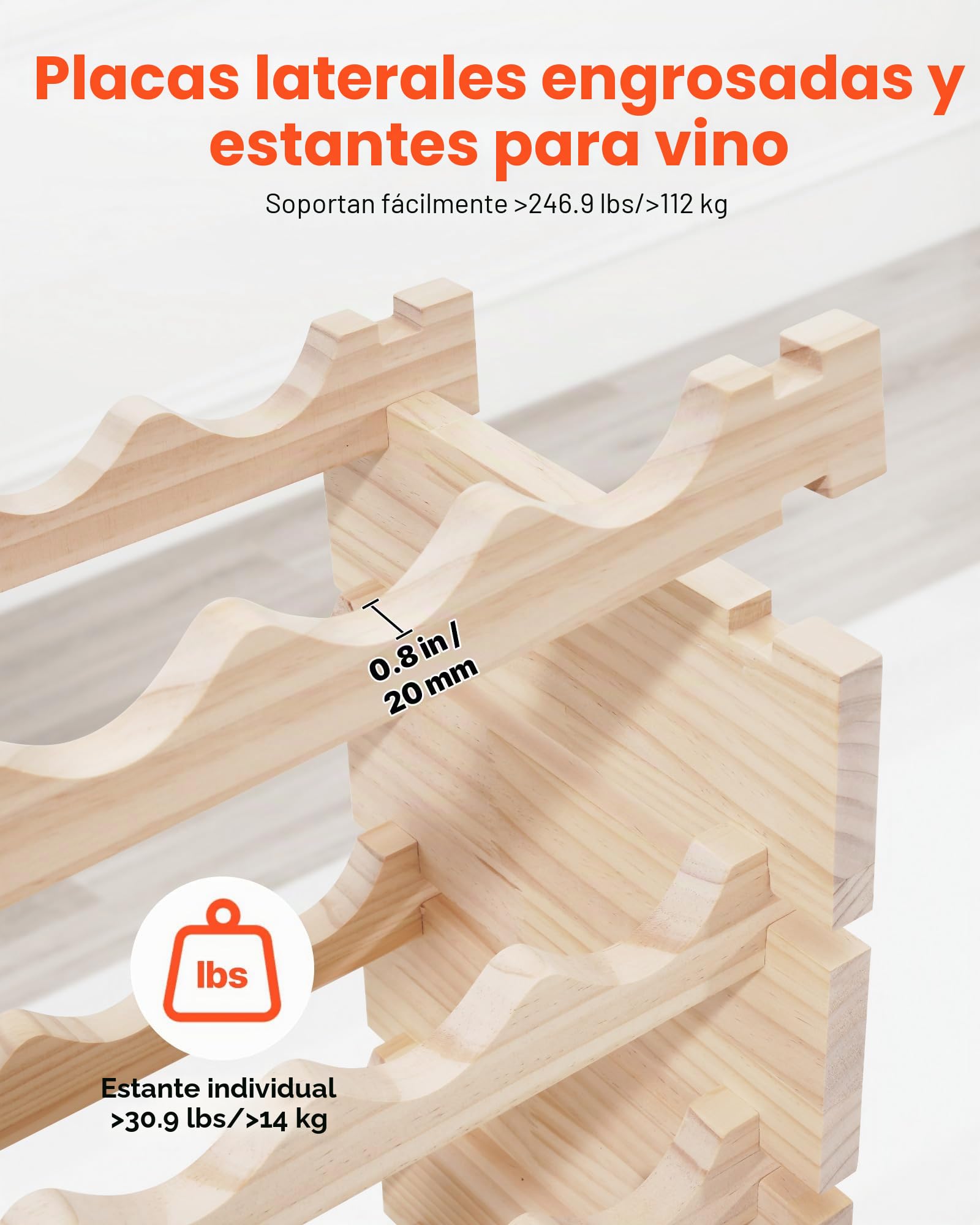 VEVOR Botellero Modular Apilable para 96 ​​Botellas, 8 Niveles, con Capacidad de Carga Total de 112 kg, Estable, Ideal para Cocina, Bodega, Bar y Vinoteca, Madera de Pino, 1130 x 290 x 962 mm