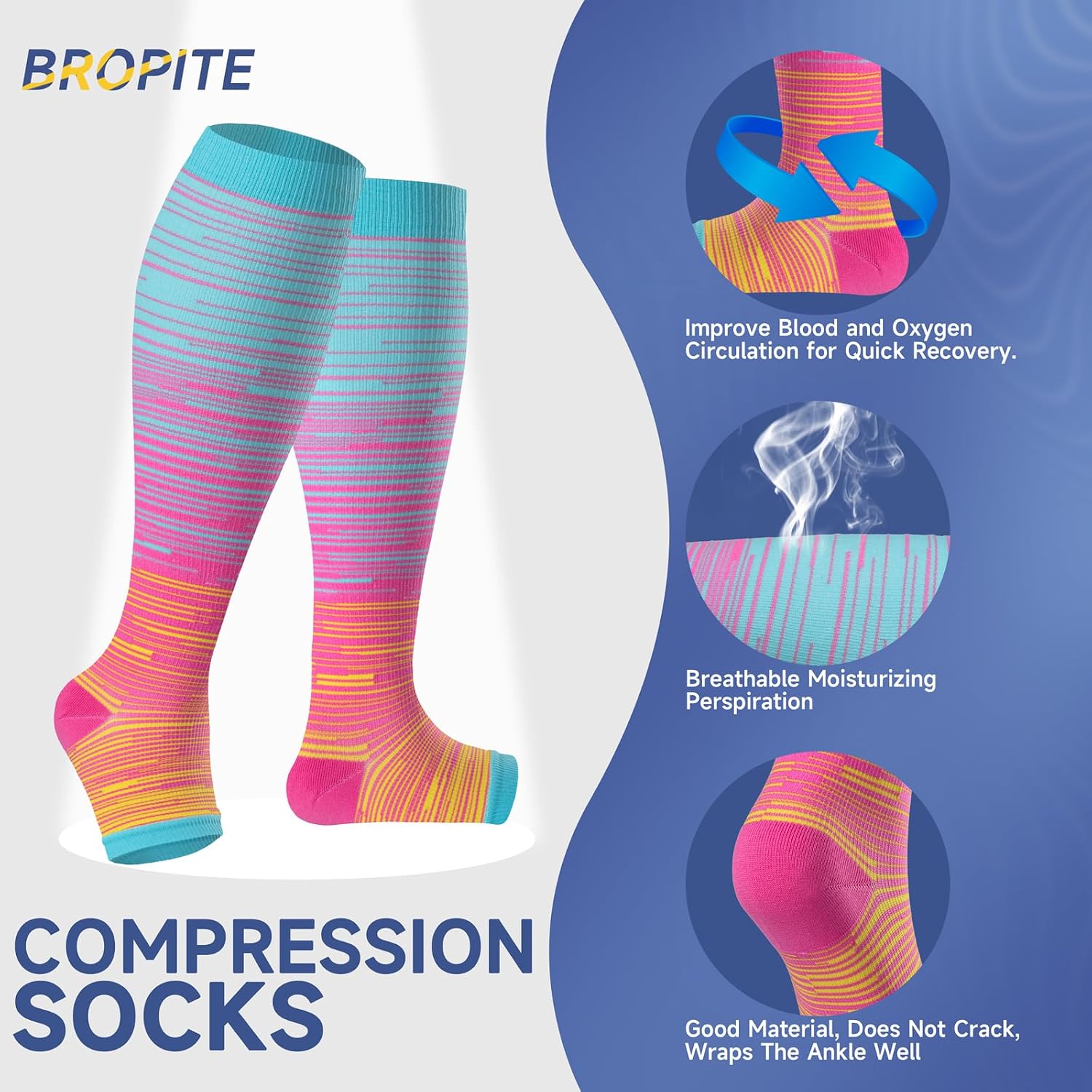 bropite 2/3 Pairs Open Toe Compression Socks for Women, Support for Travel, Nurse&Swelling