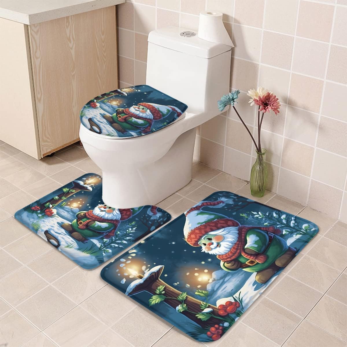 Christmas Gnomes Bathroom Rugs Mat Sets 3 Piece, Bath Shower Rugs with U-Shaped Contour Toilet Mat, Small Absorbent Bathtub Runner Rugs Floor Mats Winter Snowy Dwarf Plaid Tree