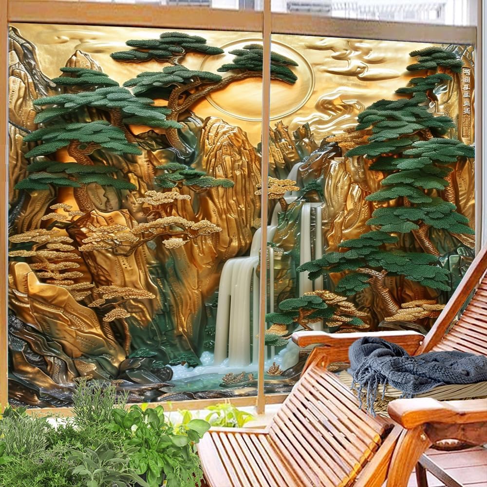 Vintage Landscape Window Privacy Film Sticker Waterfall Golden Sunset Pine Tree Frosted Window Film Stained Glass Heat Control Coverings for Bathroom Living Room 35.4Wx63L-inch x2 Pcs
