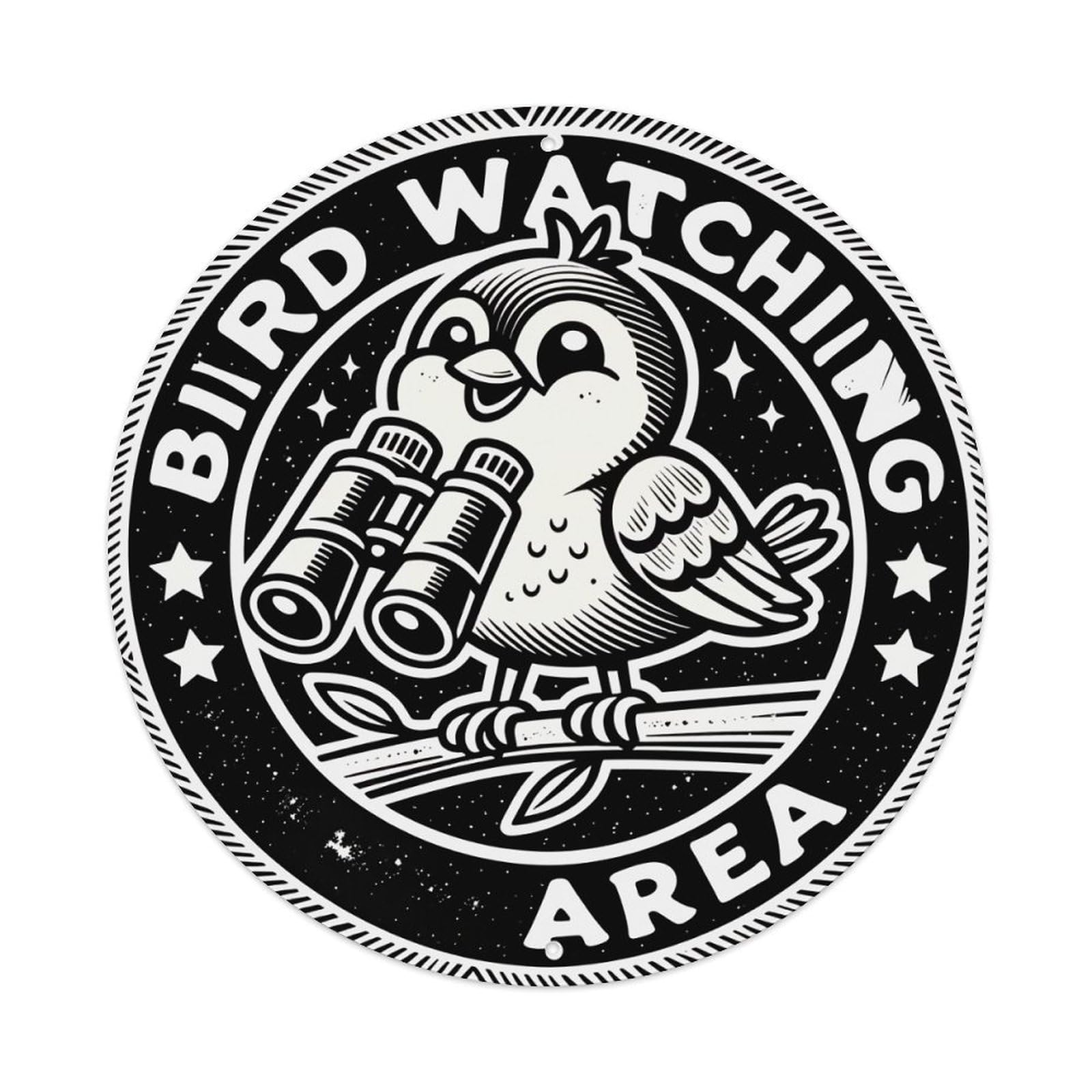 Bird Watching Area Emblem With Cute Bird And Binoculars Round Vintage Tin Sign,Retro Wall Art,Metal Poster for Home, Bar, Garage, Cafe, Rustic Indoor & Outdoor Decor, 8x8 Inches