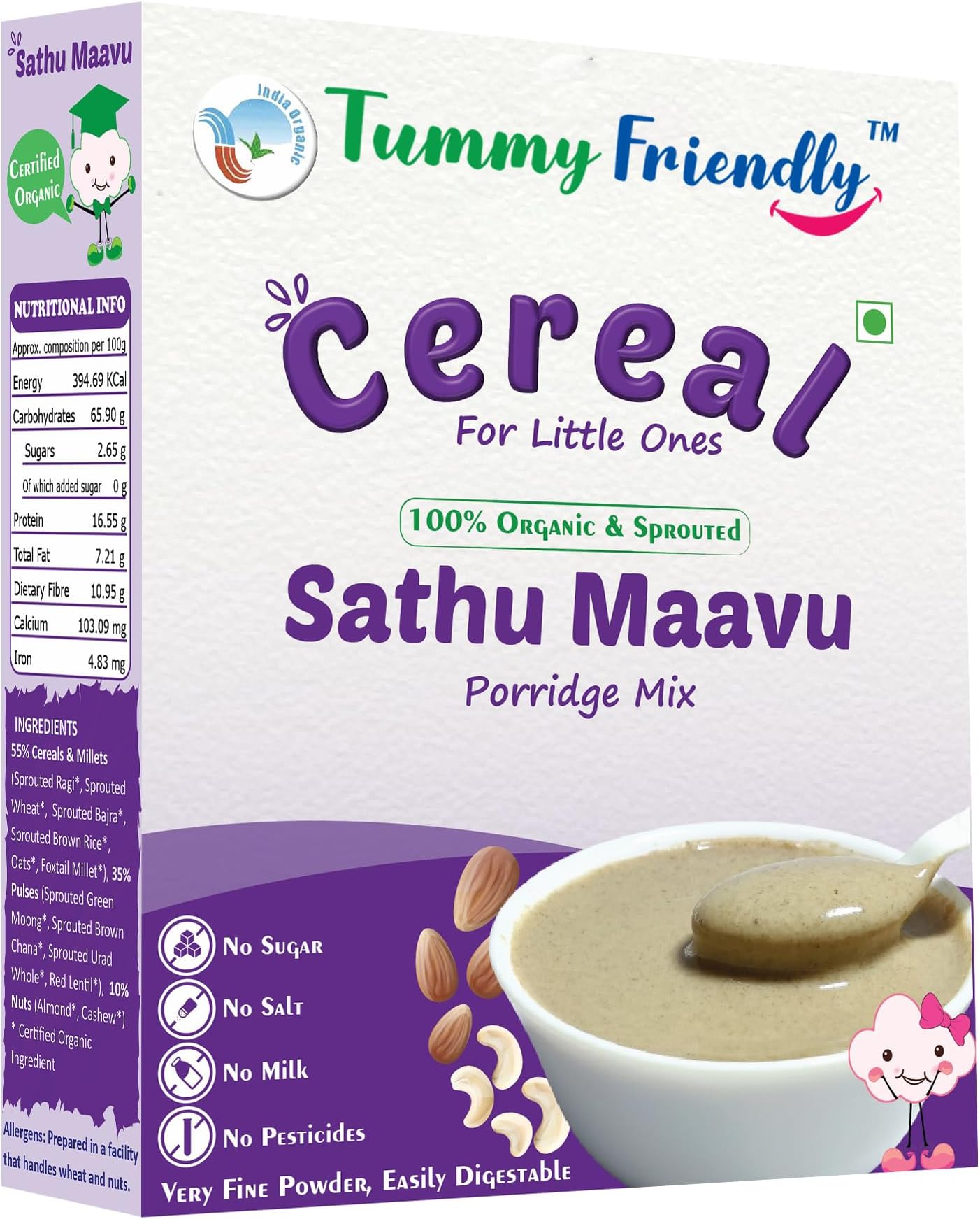 TummyFriendly Foods Certified Organic Sprouted Sathu Maavu Mix | Made of Sprouted Ragi, Whole Grains, Pulses & Nuts for 8+ Months Baby | Rich in Protein & healthy-Fat MultiGrain Cereal Health Mix | Sattu Real Food for babies kids adults. Uggu for babies | Available in baby trial packs too | Shelf-life 9 month | 200g, ONE PACK
