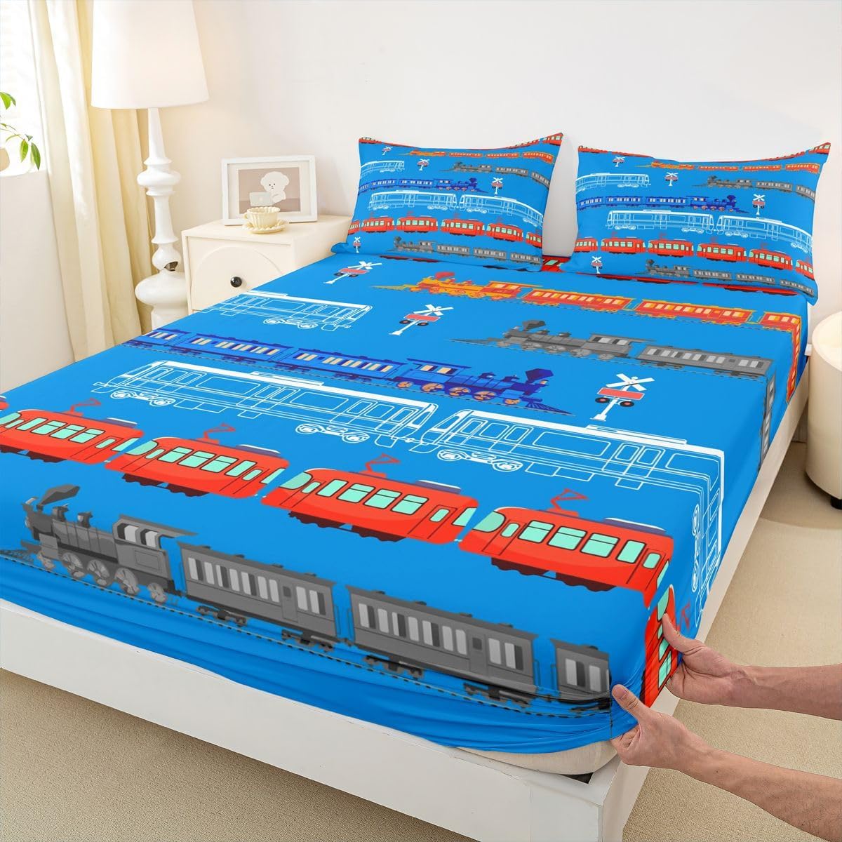 Feelyou Cartoon Car Sheet Set for Kids Boys Girls Vintage Car Sheets with Deep Pocket Fitted Sheet Train Bed Sheets Set Bedroom Decor Retro Steam Train Blue Light Sign Bedding Set Queen Size 4Pcs