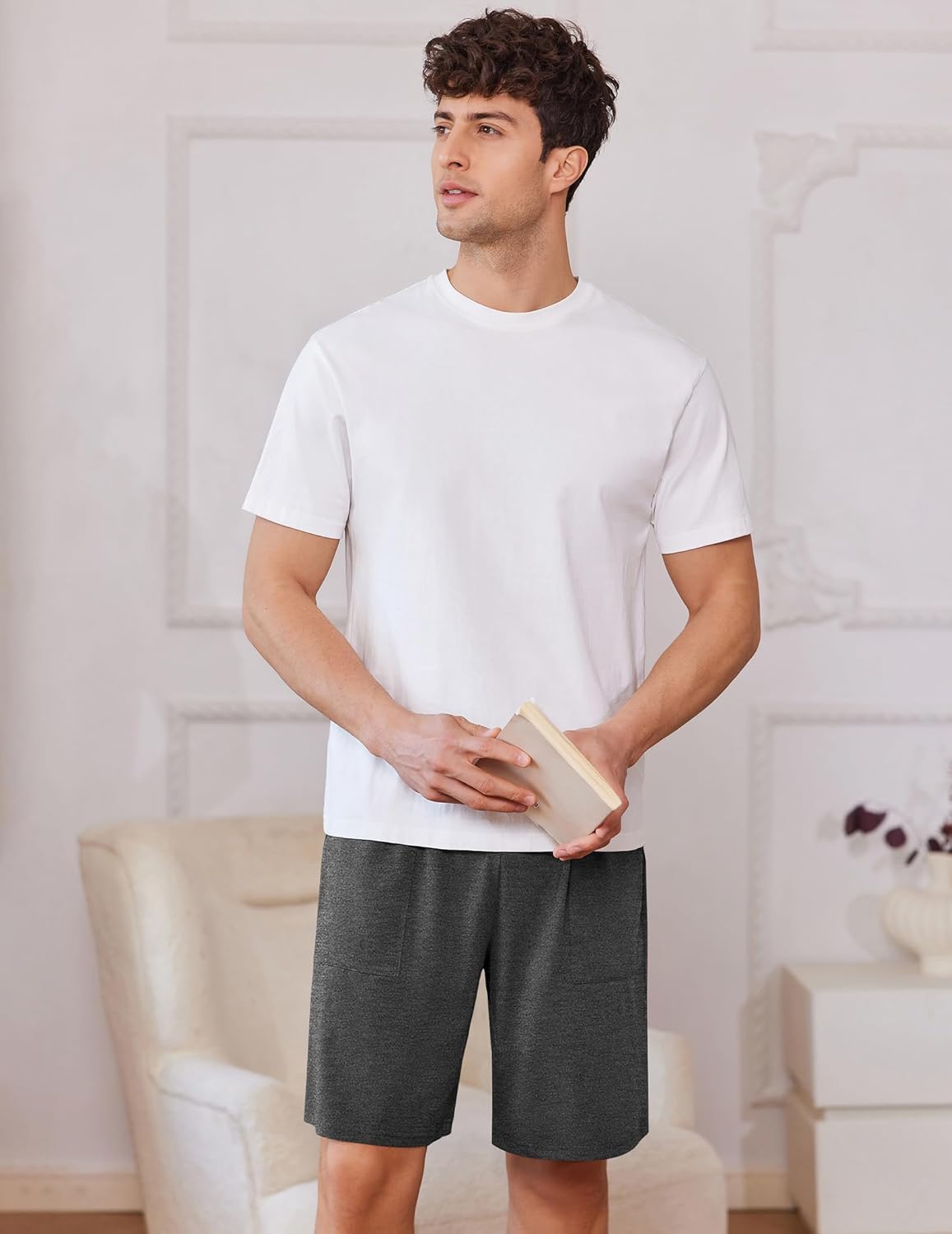 Ekouaer Men's Pajama Shorts Cotton Lounge Sleep Shorts Elastic Waist Sleepwear Pants with Pockets - Image 4