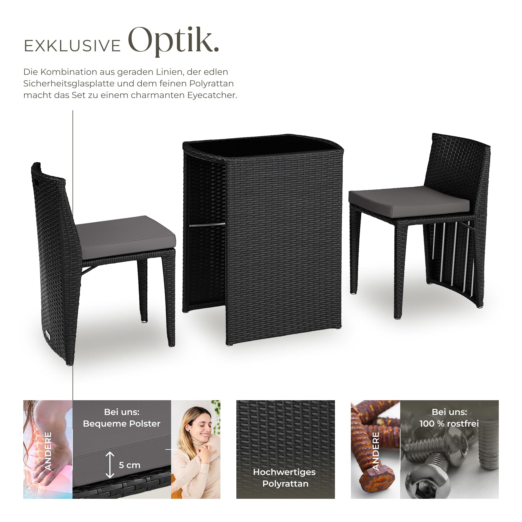 tectake® Poly Rattan Bistroset mit Aluminium Gestell, platzsparend zusammenschiebbar, Gartenmöbel Set mit 2 Stühlen & Tisch, Outdoor Möbel, Sitzgruppe für Garten Wintergarten Balkon Terrasse - schwarz