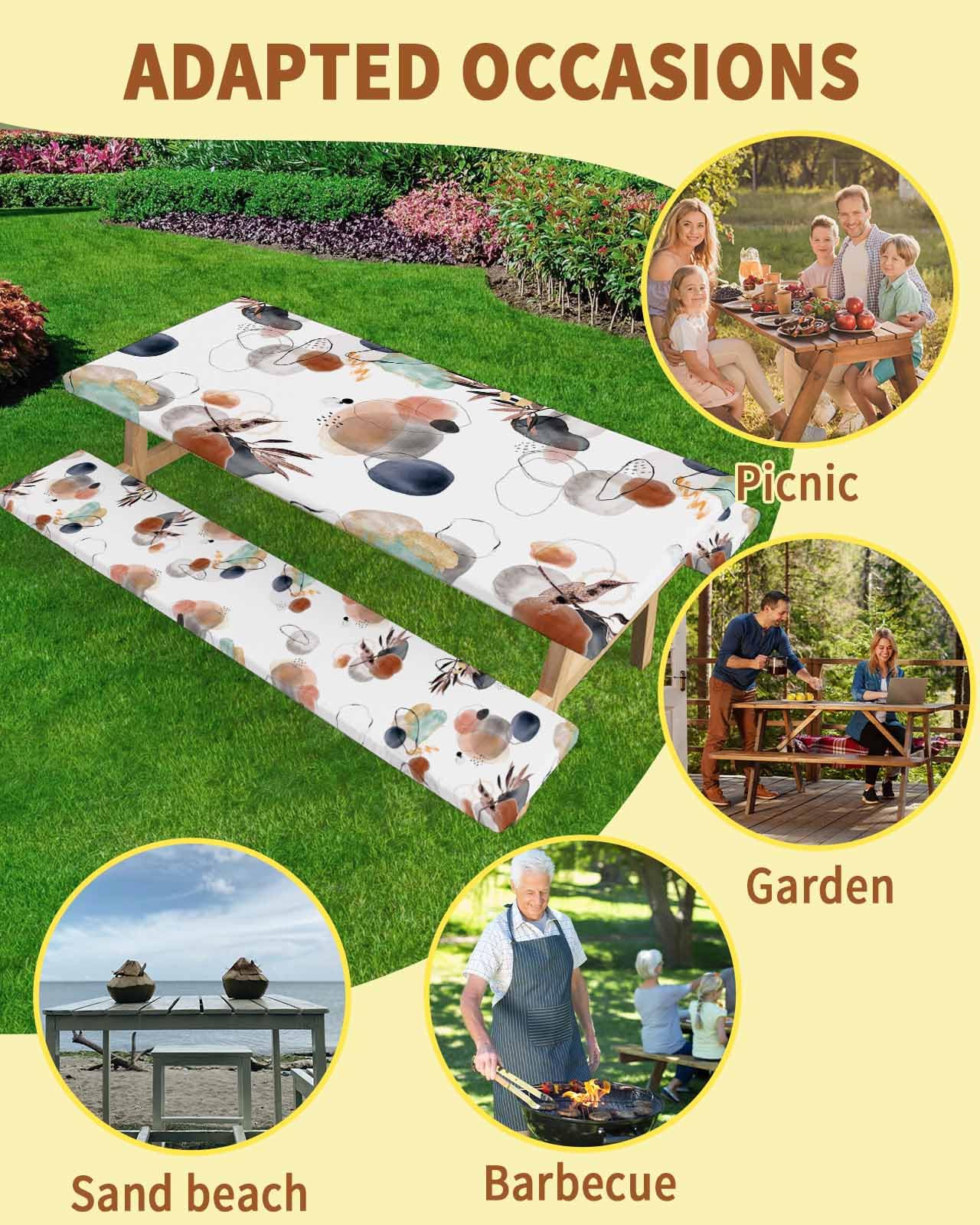 ARTSHOWING Picnic Table Cover with Bench Covers Elastic Bohemian Tablecloth for 6 FT Table Waterproof Boho Abstract Watercolor White Table Cover 72 Inch 3 Pcs Camping Essentials for Outdoor